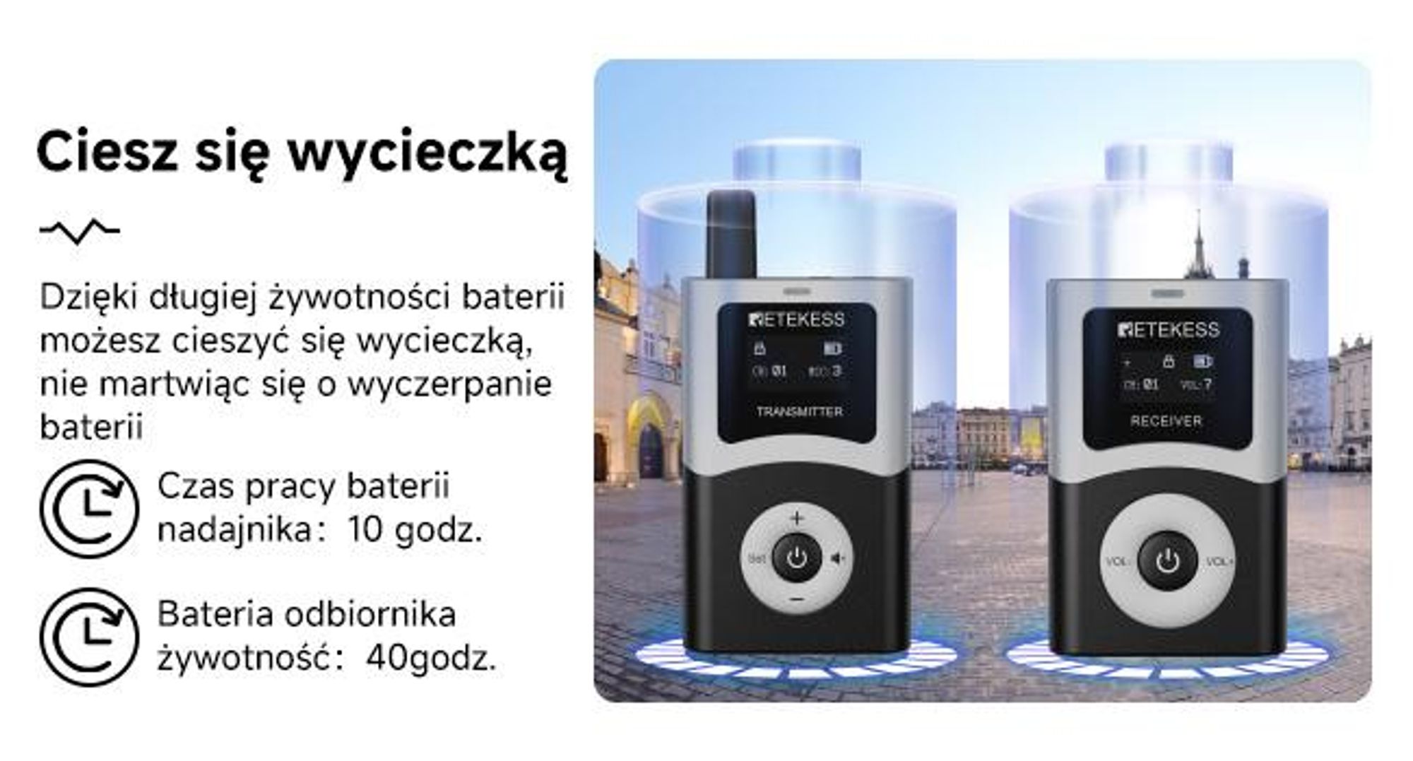 System przewodnika turystycznego Retekess T130U, zestaw audio z obudową do ładowania na 60 miejsc, UHF, zasięg 200 metrów, czas czuwania 40 godzin, mikrofon, radio dwukierunkowe