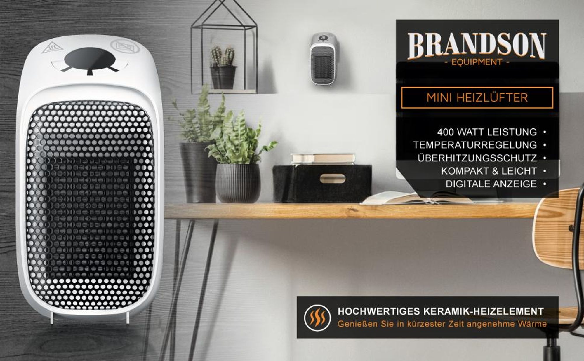 Brandson Steckdosen Heizlüfter mit Fernbedienung & Timer, 400W Heizlüfter, Überhitzungsschutz, Automatische Abschaltung, Weiß