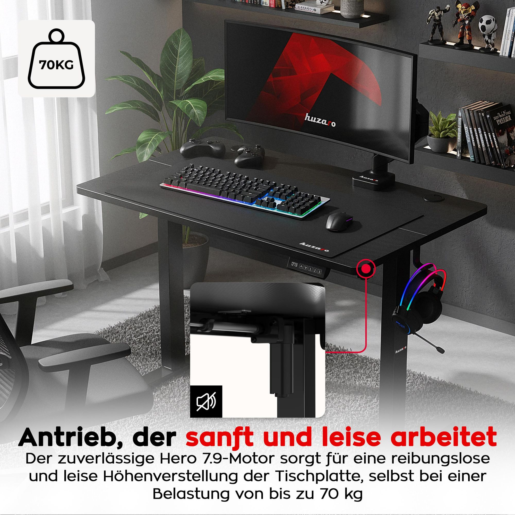 Huzaro Hero 7.9 | Höhenverstellbarer Schreibtisch Stehschreibtisch | 100x60cm | Stufenlos Verstellbar Metallkonstruktion Kabeldurchführung | Schwarz