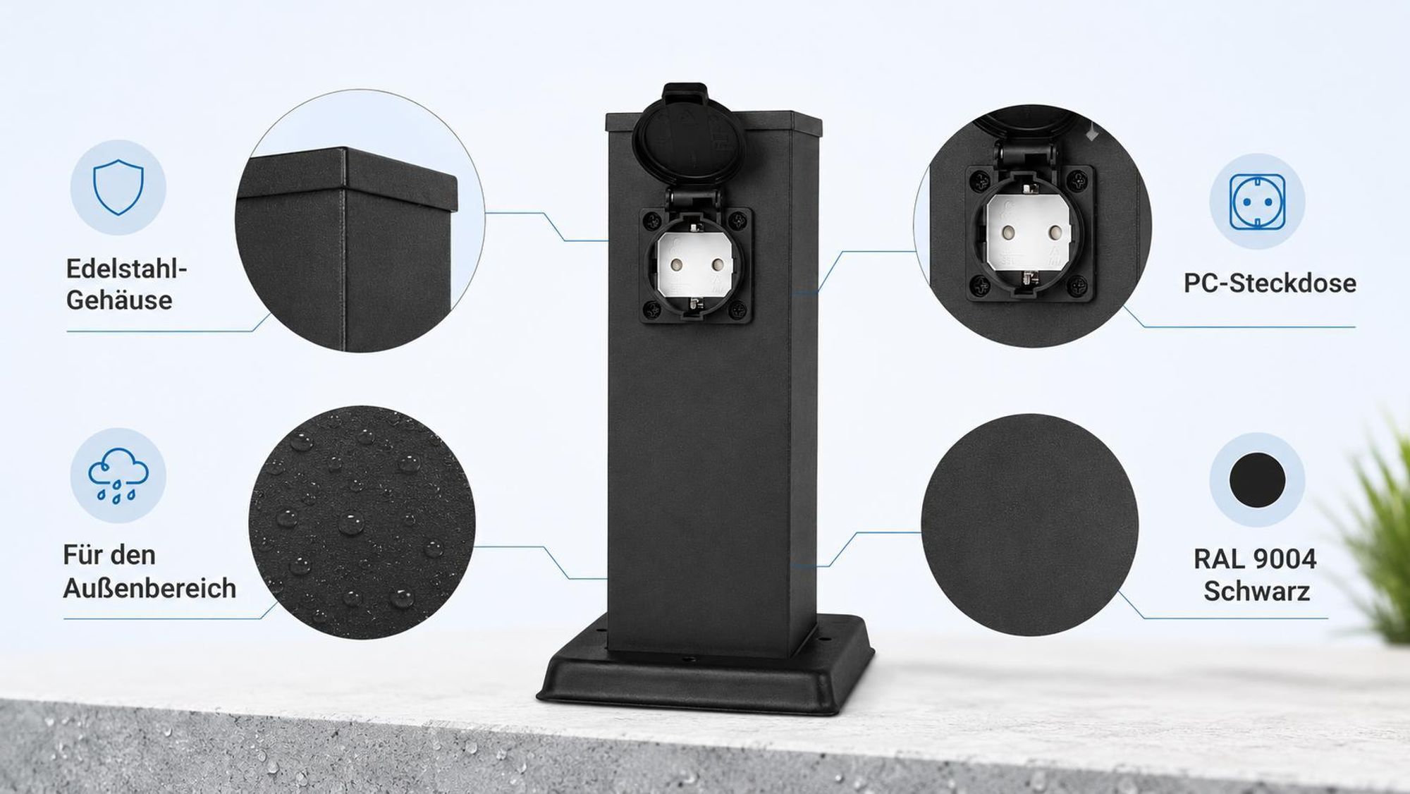 MasterLED Gartensteckdose Schwarz 20 cm Aluminium Steckdosensäule mit Steckdose für Garten Terrasse und Außenbereich