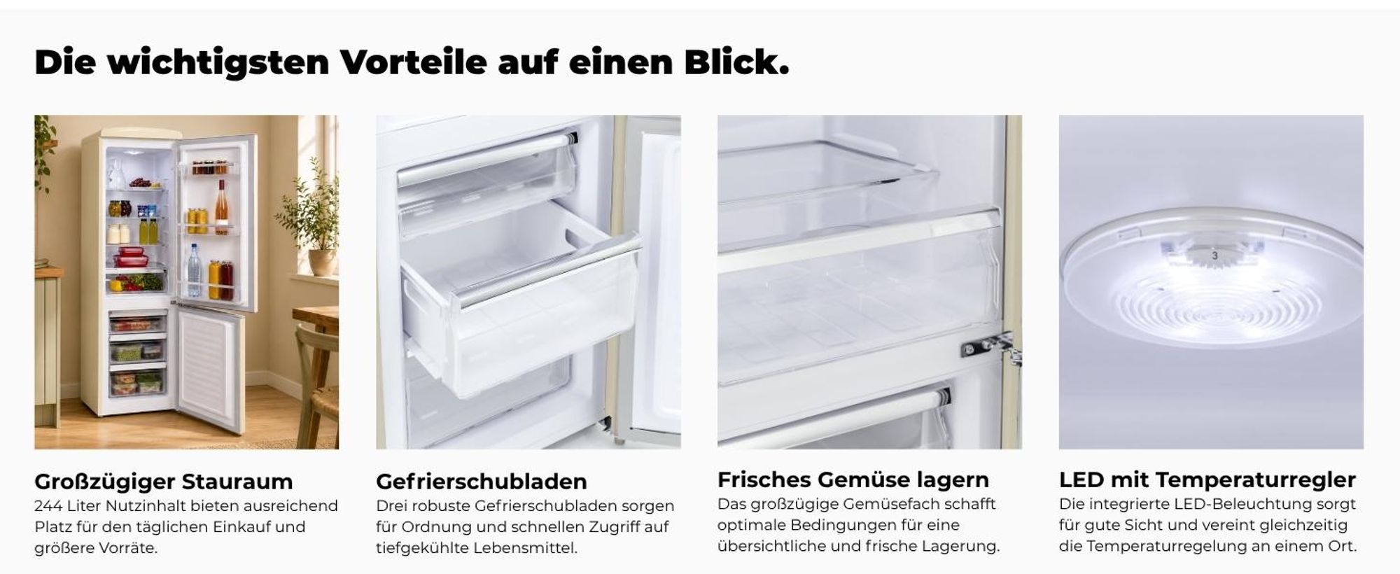 Exquisit Retrokühlschrank RKGC250-70-H-160E magnolienweiss | Standgerät | 244 l Volumen | magnolienweiß