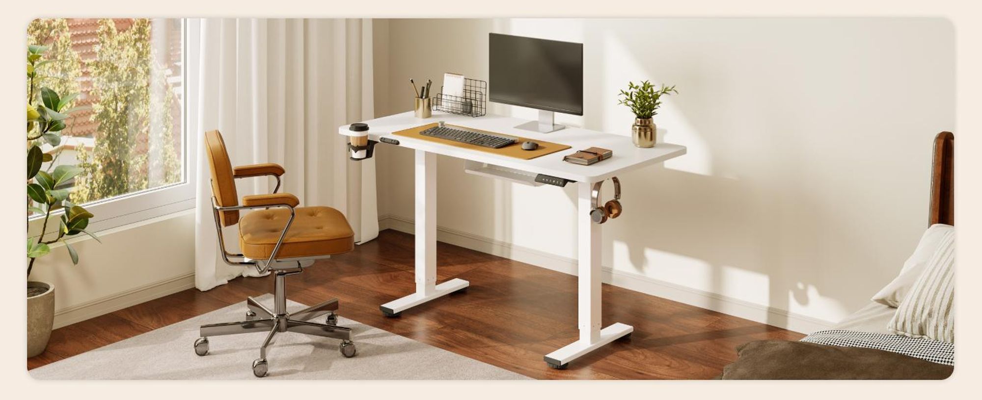 SANODESK QS1 Höhenverstellbarer Schreibtisch 160x60cm elektrisch 4 Memory-Funktion Antikollisionsschutz 70 kg Tragkraft, Haken, Kabelmanagement(Weiß)