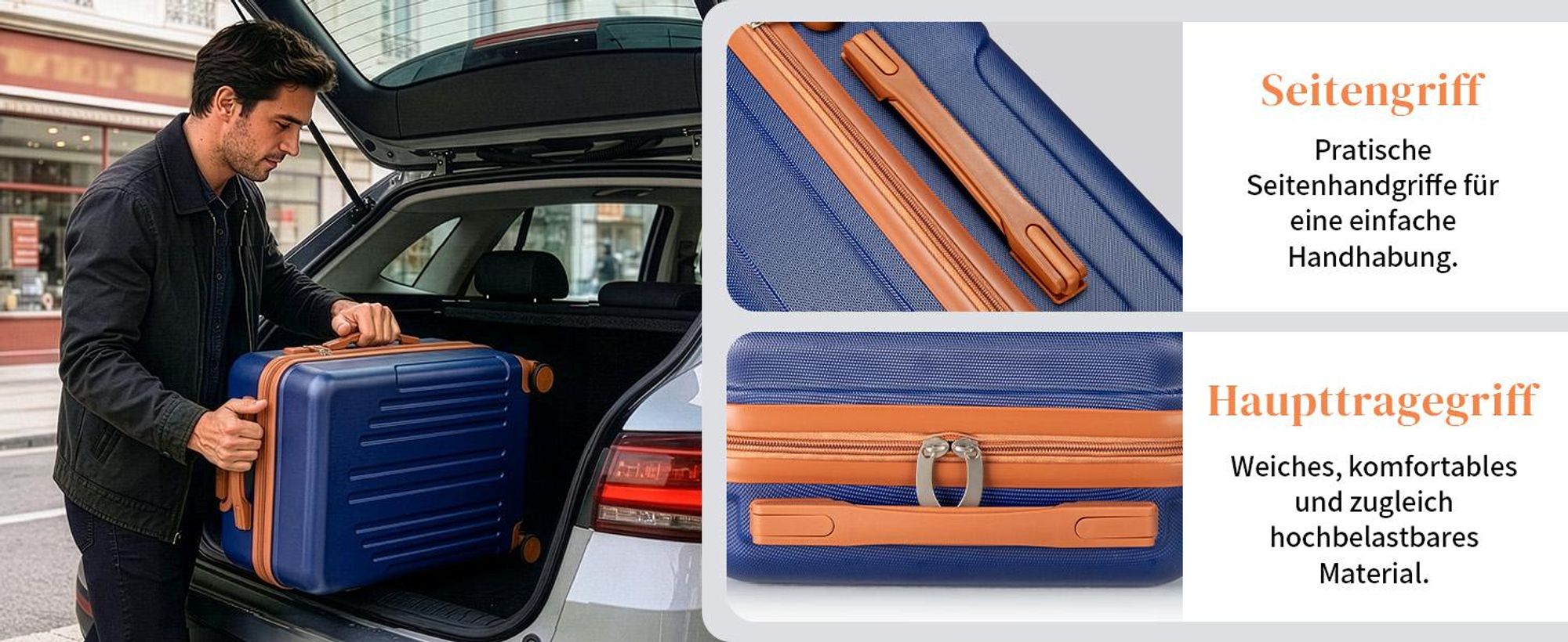 FCH Kofferset, 5tlg. Hartschalen Reisekoffer & Trolley Set S-M-L-XL + Handtasche, 360° Rollen, Dunkelblau