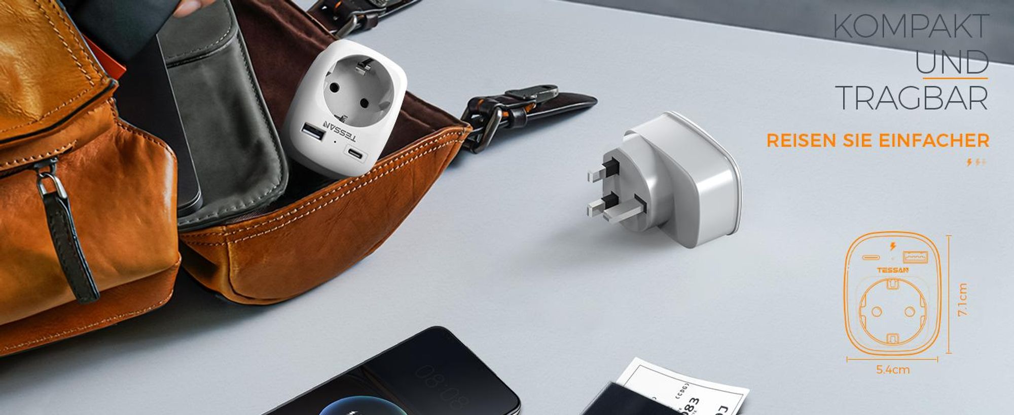 TESSAN 2er Pack Adapter England Deutschland Stecker 3 in 1 Steckdosenadapter mit USB C und USB A 3250W Typ G