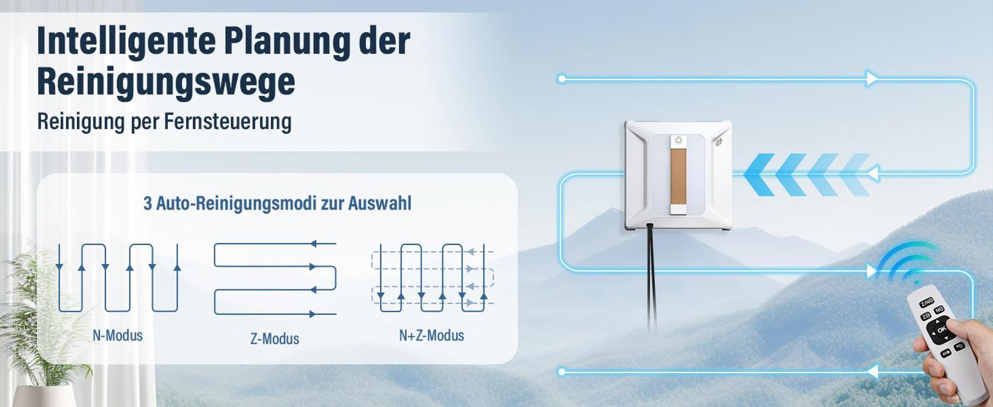 Fensterputzroboter, Fenstersauger, 72W 6000Pa Fensterputzer, 3 Reinigungsmodi, Intelligenter Wegplanung, Kantenerkennung, für Innen und Außenbereich