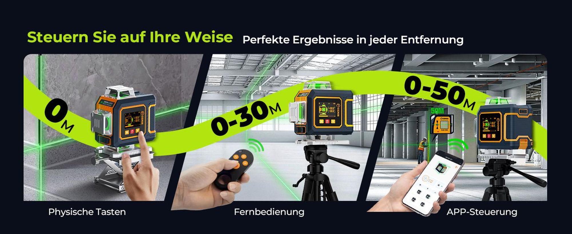 CIGMAN CM-S04 Kreuzlinienlaser 4x360° Grün mit App & LCD-Display