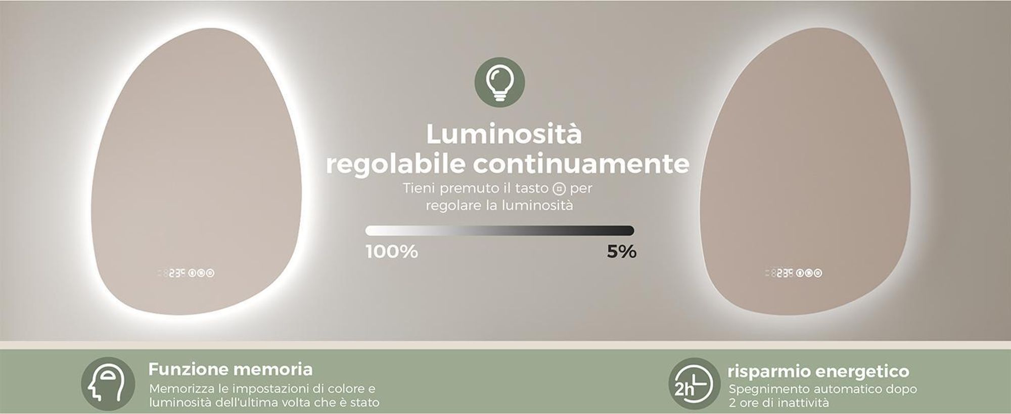 S'AFIELINA 75 x 55 cm specchio da bagno con illuminazione Asimmetrico con 3 colori di luce dimmerabili, antiappannamento, Bluetooth, orologio, temperatura, funzione memoria