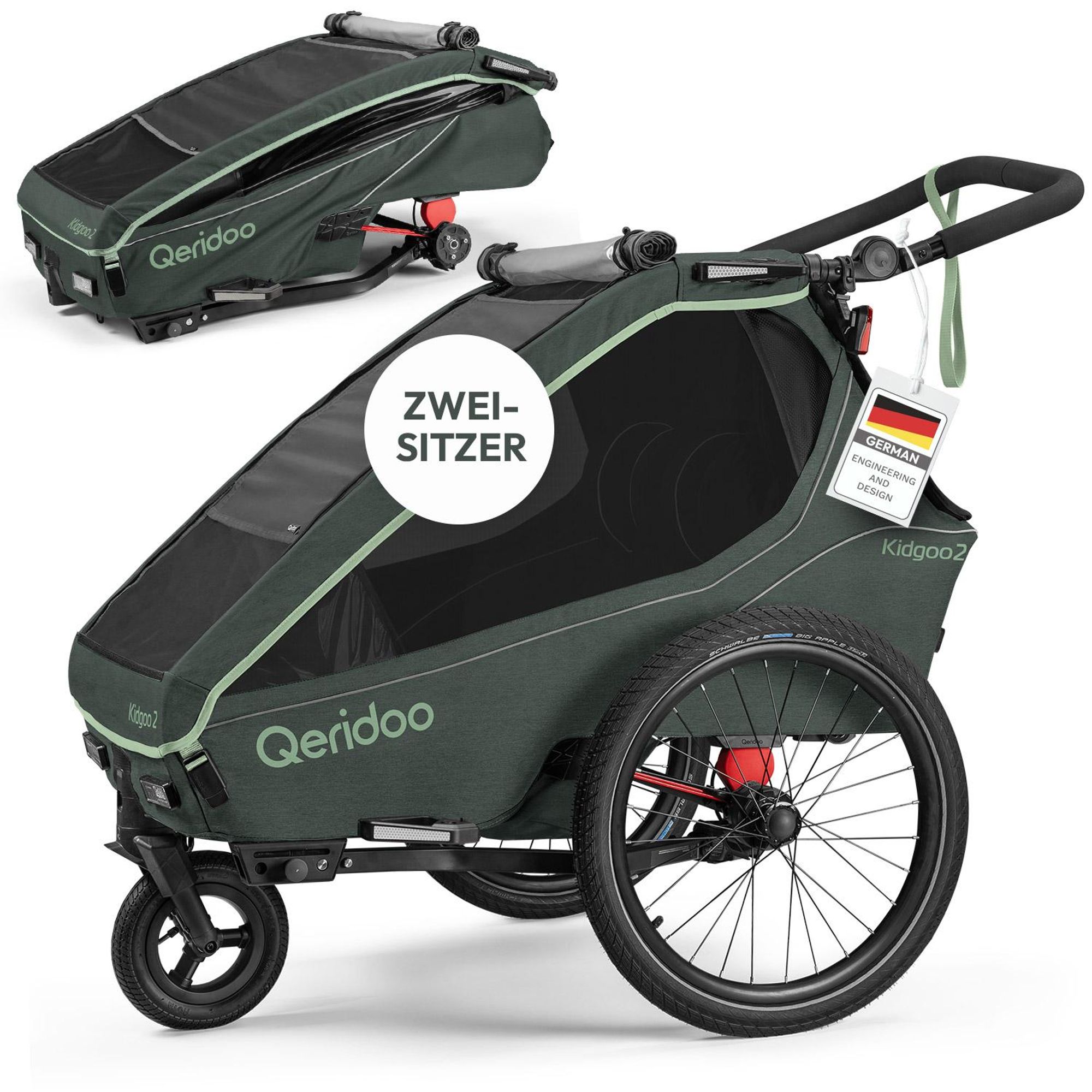 Qeridoo Kidgoo 2- Kinderfahrradanhänger für 2 Kinder, Farbe: Forest Green