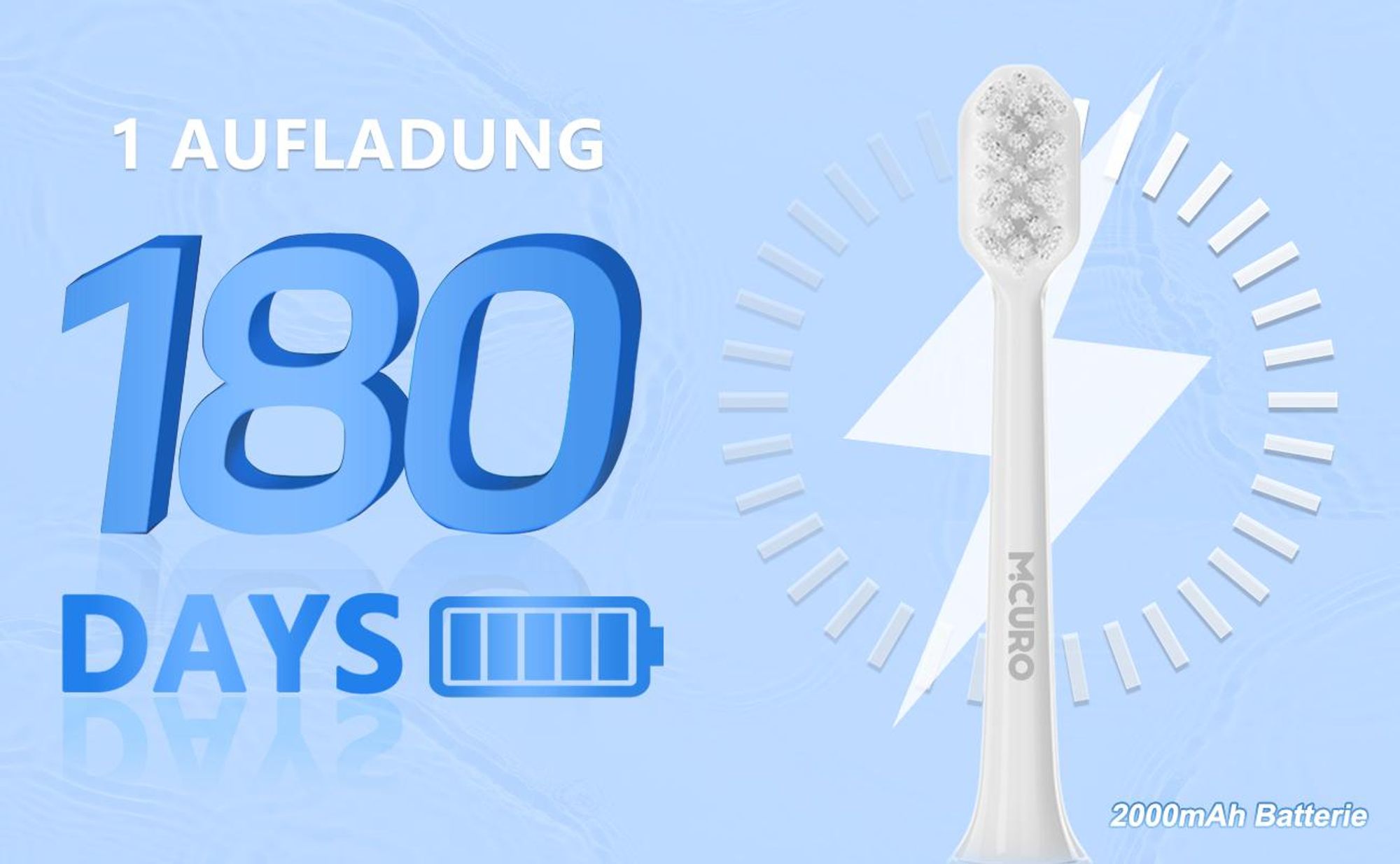 MCURO Elektrische Schallzahnbürste, wiederaufladbar, 10 Std. Ladezeit für bis zu 180 Tage Nutzung, 5 Putzmodi, Timer, 6 Bürstenköpfe, Weiß