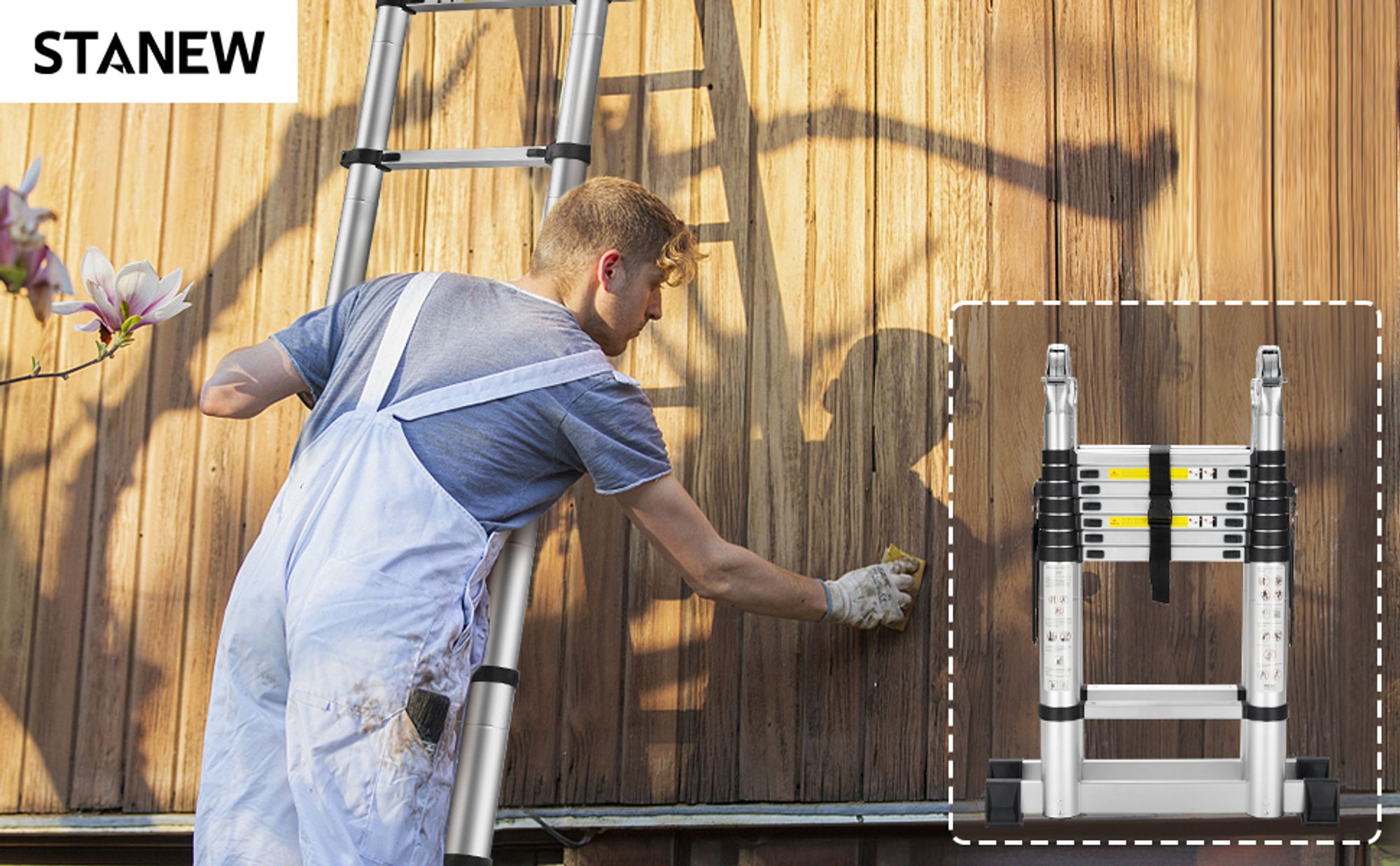STANEW Teleskopleiter 6,2 m mit Leiterstabilisator, einklappbaren Aluminiumstufen mit Stabilisierungsstange und abnehmbaren Haken
