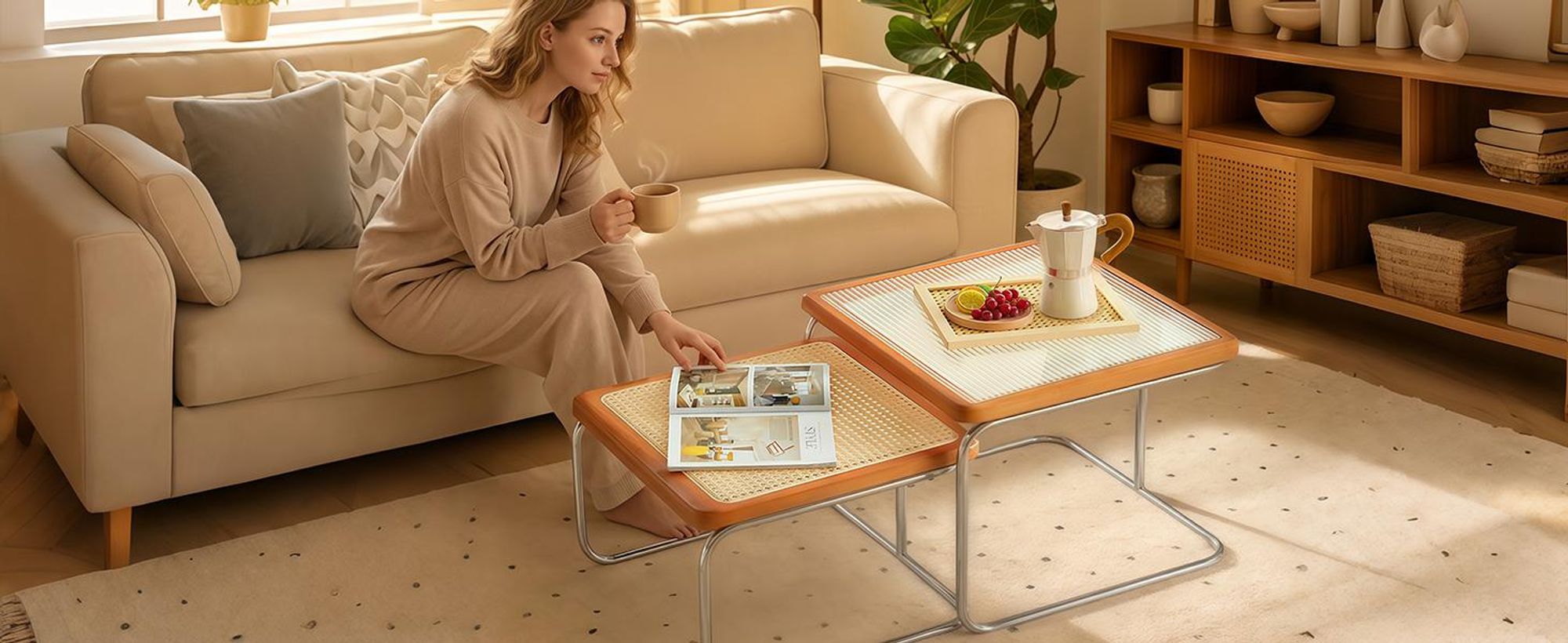 2er Set Satztische, Quadratische Beistelltische mit Rattan und Glasplatte, Platzsparend, Stapelbar, Couchtisch für Wohnzimmer, Braun
