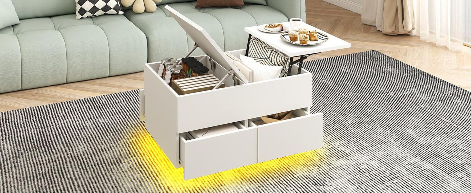 Couchtisch Beistelltisch mit LED-Beleuchtung und 4 Schubladen, Sofatisch, Höhenverstellbar Tischplatte, 80x55x46cm, Weiß