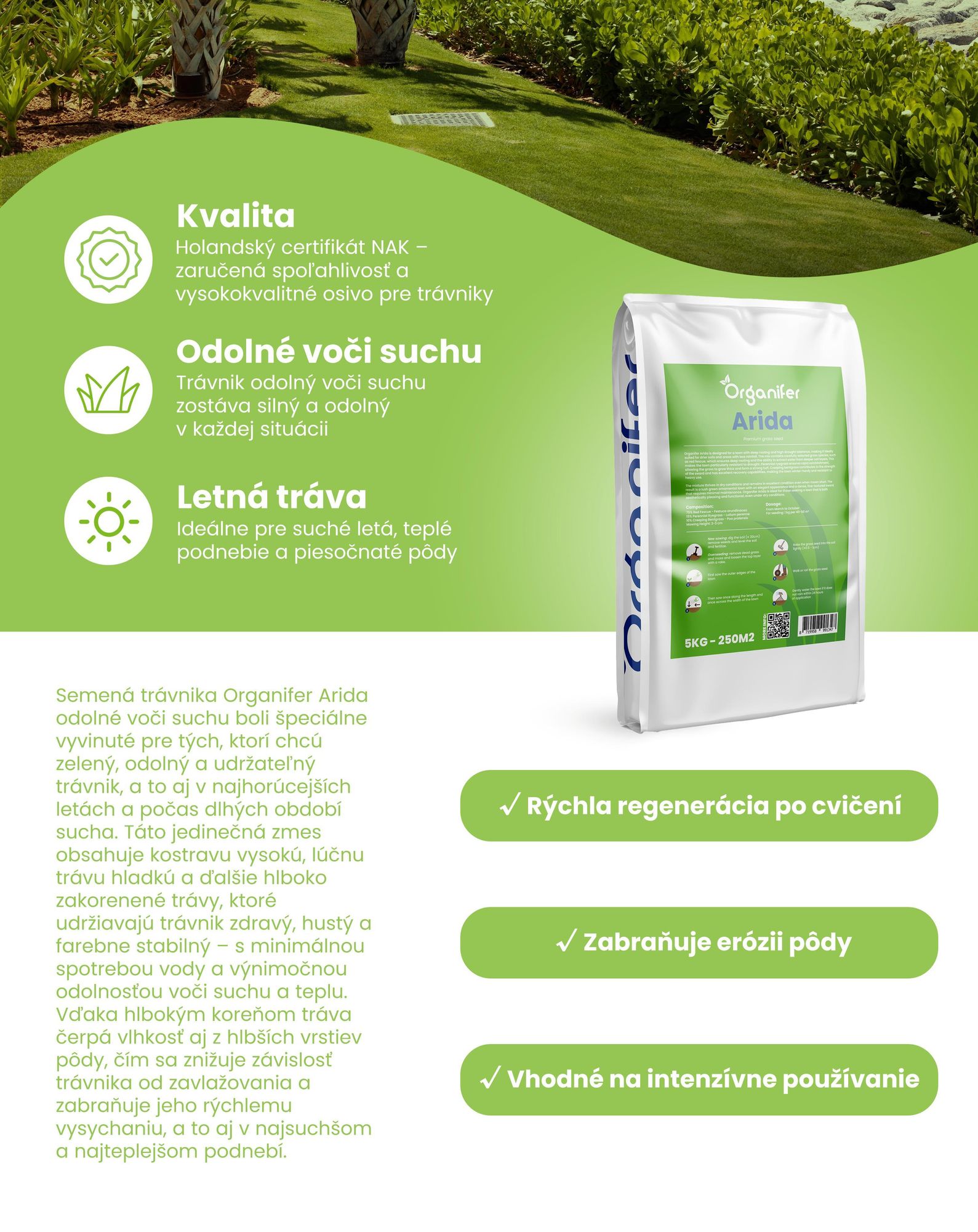 Osivo trávnika odolné voči suchu Arida – 10 kg na 500 m² – Profesionálne osivo trávnika do suchých podmienok pre veľké plochy – Organifer
