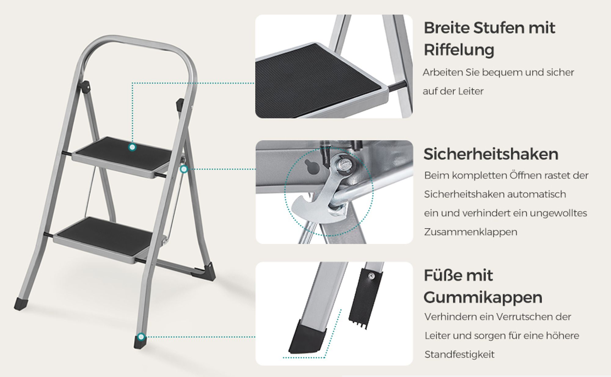 SONGMICS Trittleiter, Leiter mit 2 Stufen, Klapptritt, Klappsicherung, einfach zu verstauen, bis 150 kg belastbar, grau GSL012G01