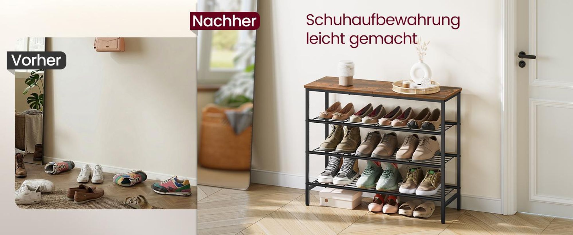 VASAGLE Schuhbank, Schuhaufbewahrung, Schuhregal, Metallrahmen, 4 Ebenen, für bis zu 12-16 Paar Schuhe, braun-schwarz