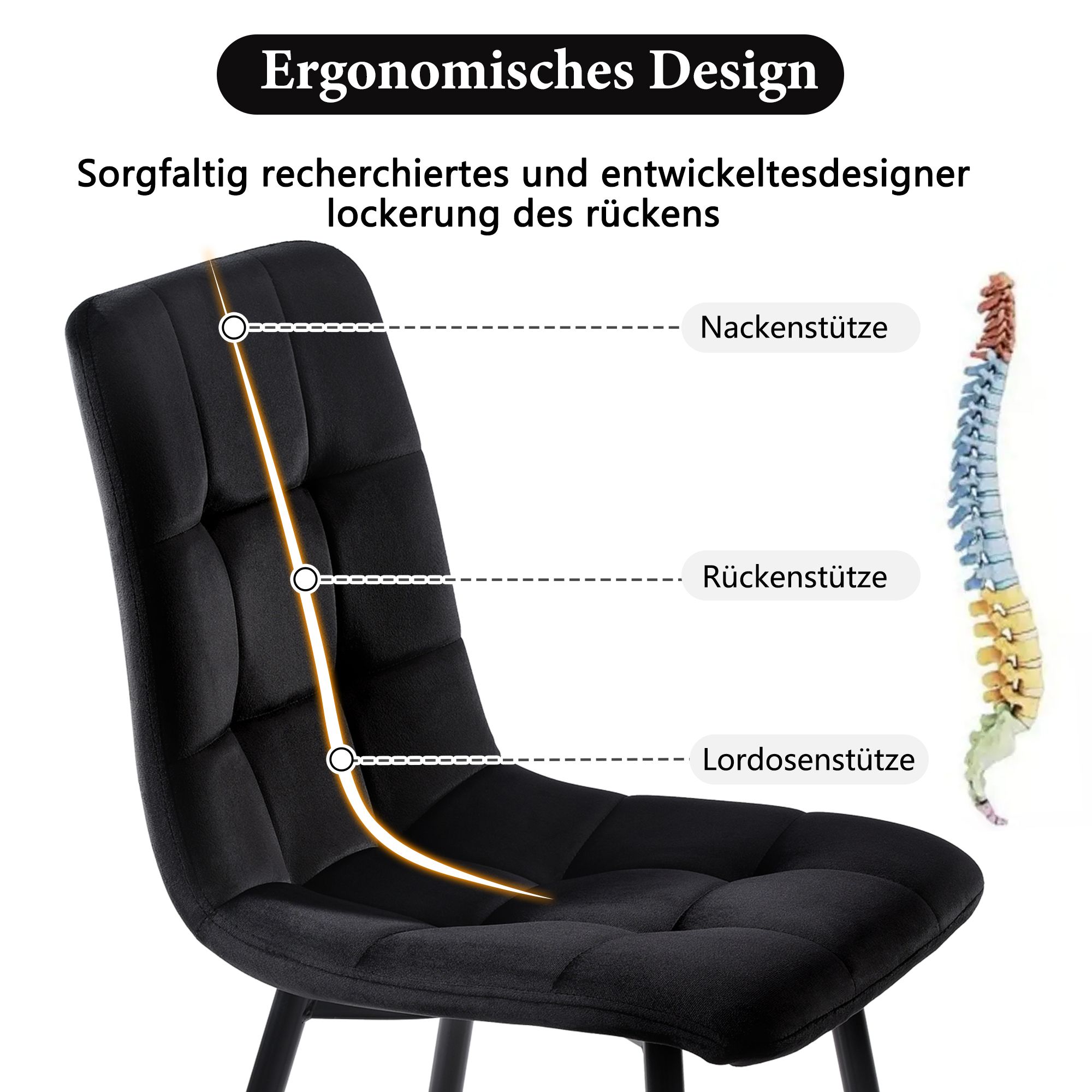 Flieks Essgruppe Esstisch mit 4 Esszimmerstuhl, Sitzgruppe Küchentischset 5tlg., Küchentisch mit 4 Esszimmerstuhl, Stuhl mit Samtbezug, Schwarz Grau