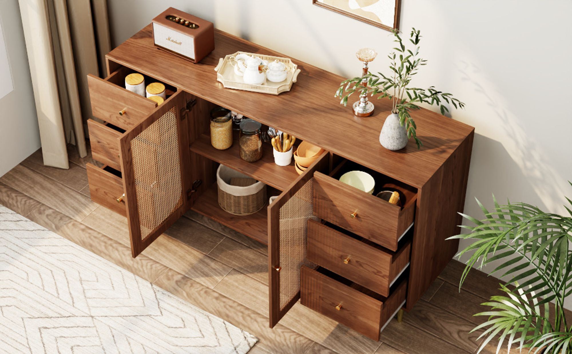 Flieks Kommode Rattan-Sideboard mit 2 Türen und 6 Schubladen, Wohnzimmerschrank 160x40x90 cm, Stehschrank TV Tisch, Holzfarbe