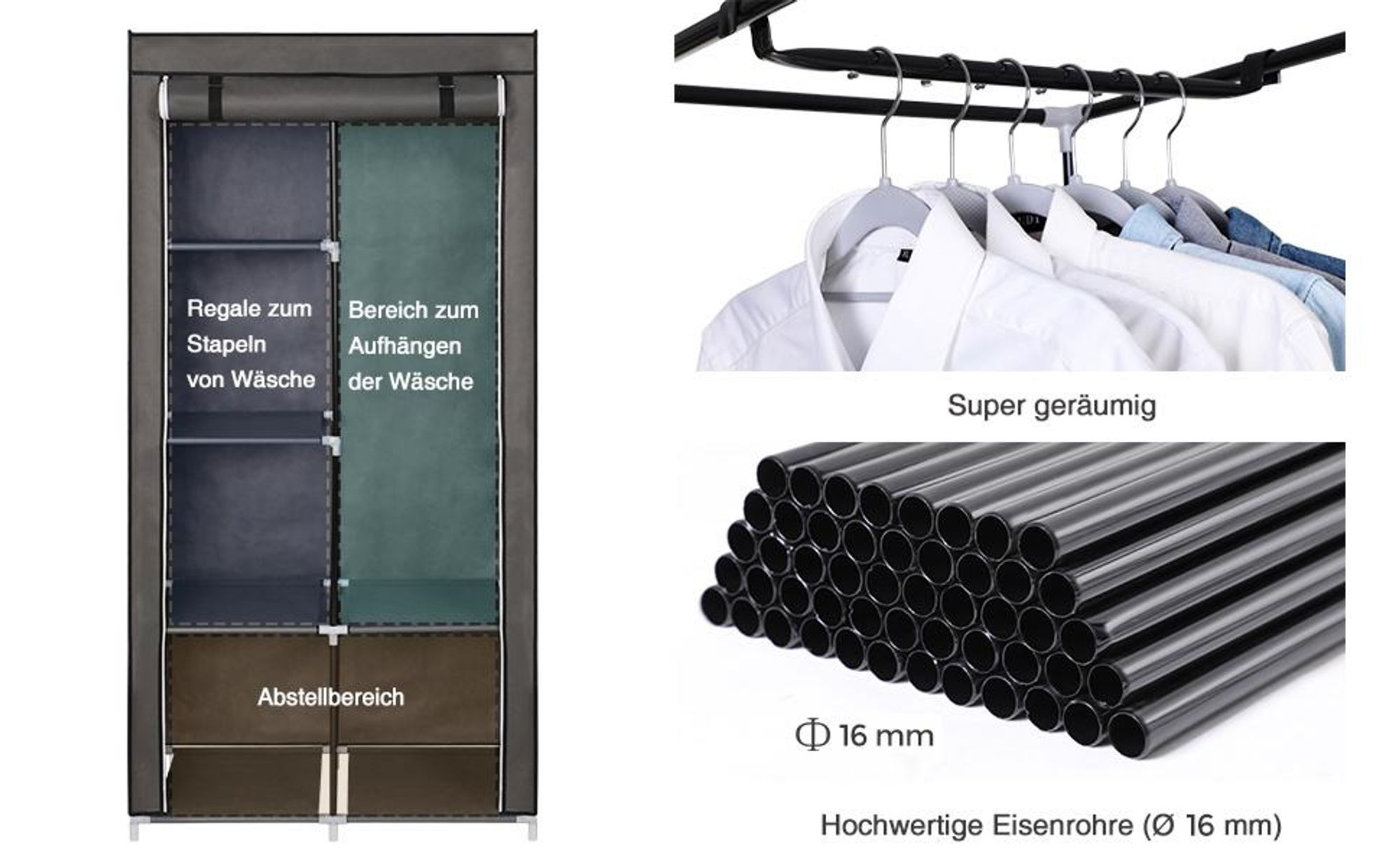 SONGMICS Kleiderschrank mit 1 Kleiderstange 6 Ablage Vliesstoff, Grau