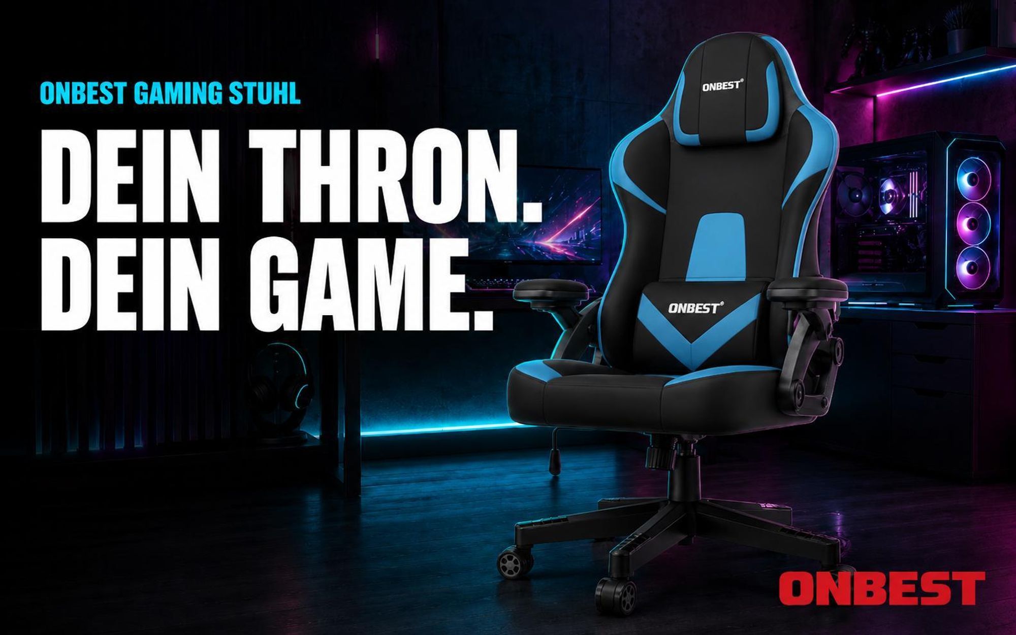 ONBEST Gaming Stuhl | Ergonomisch | mit Lordosenkissen | 150 kg | 360° | verstellbare Armlehnen Kopfstütze Rückenlehne