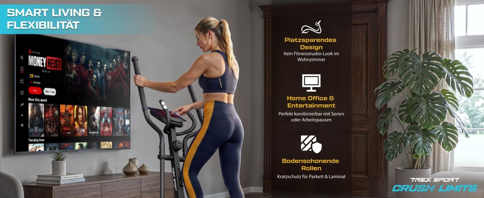 TREX SPORT Crosstrainer für zuhause TX-500CT SINER | Ellipsentrainer magnetisch bis 120kg, 16 Stufen Widerstand, verstellbare Griffe, 8kg Schwungmasse