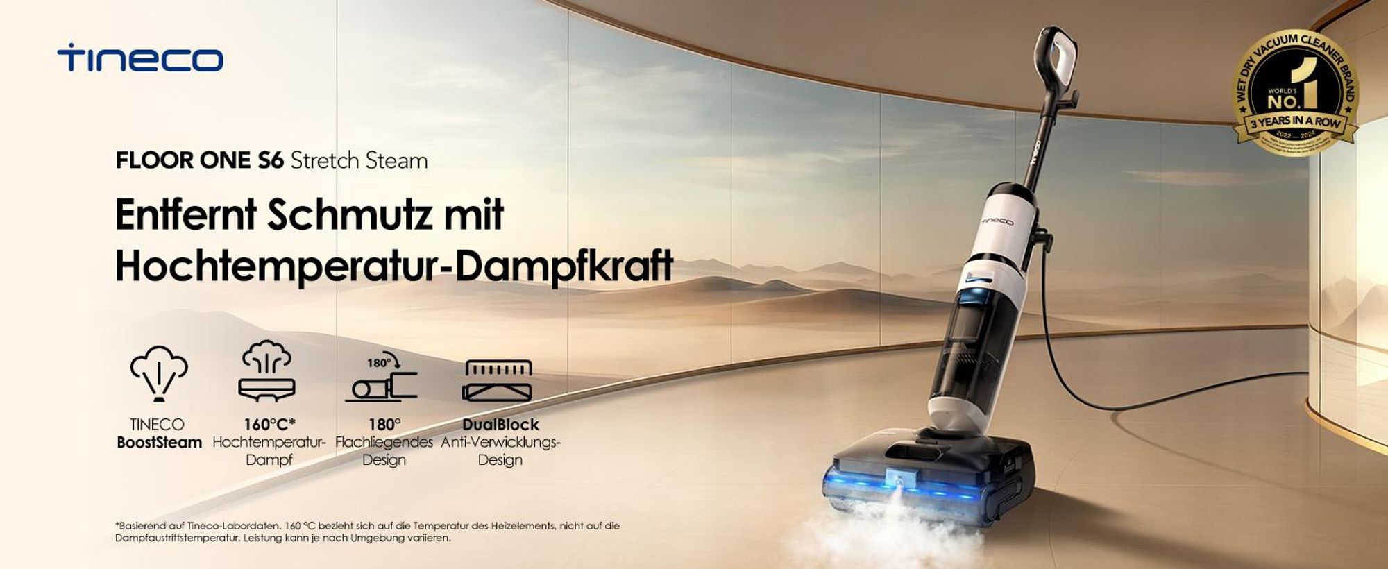 Tineco FLOOR ONE S6 Stretch Steam Nass Trockensauger mit Kabel, 160℃ Dampfreiniger, BoostSteam, 180°Lay-Flat, Anti-Tangle, FlashDry Selbstreinigung