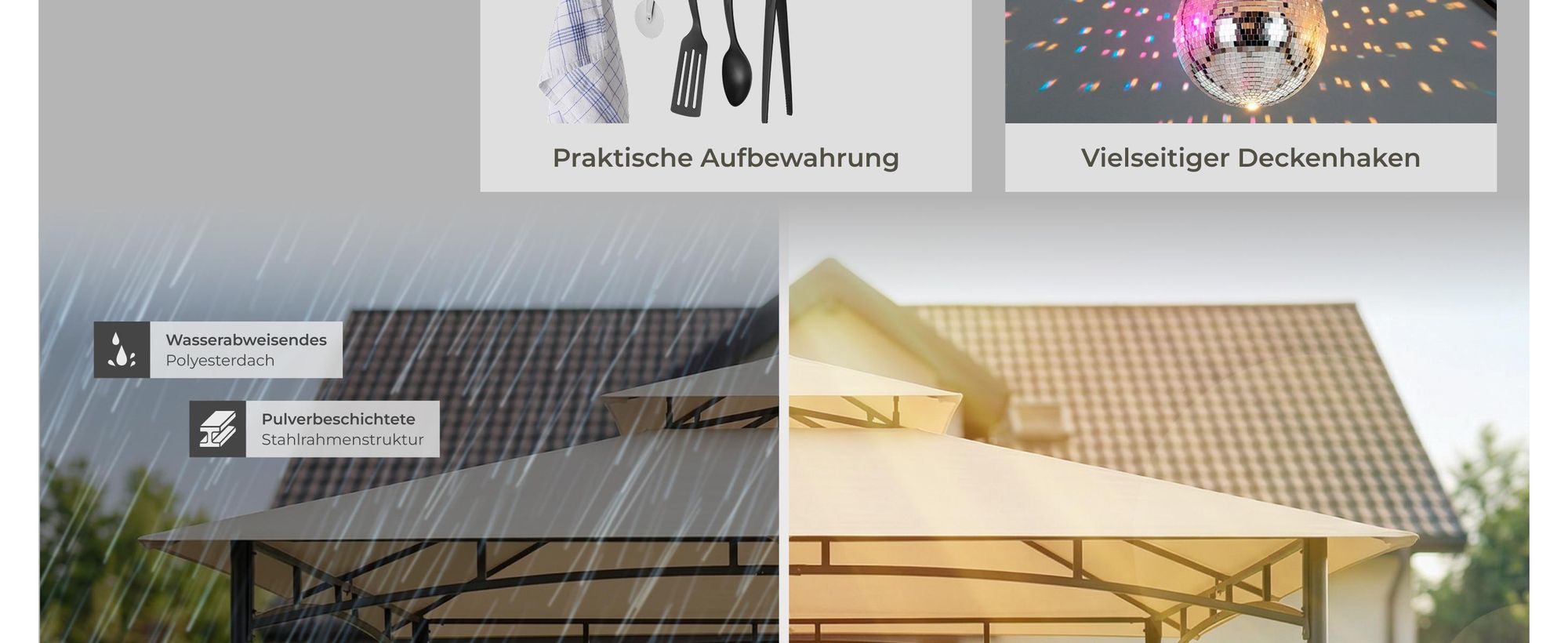 tectake® Grillpavillon wetterfest UV-Schutz Stahl anthrazit 240x150x250cm 2 Ablagen