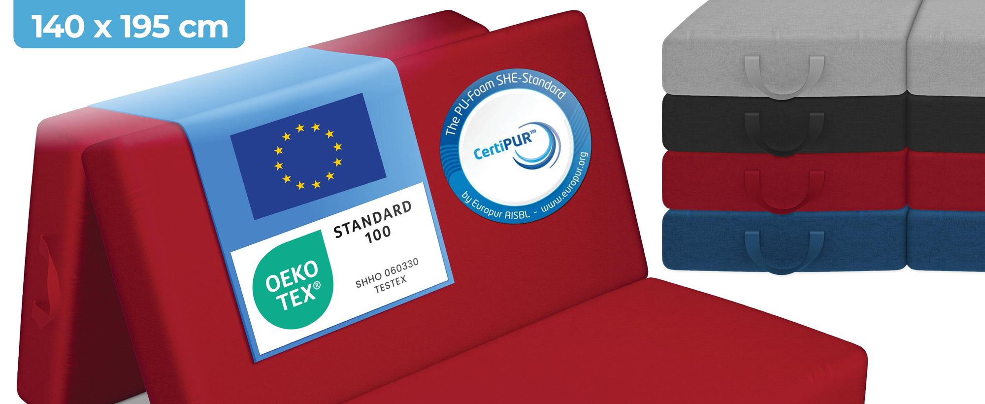 ELONEO Opklapbare matrassen, gastenmatrassen, 3-delige opvouwbare matrassen, extra dik schuim (15 cm), geschikt voor mensen met rugproblemen, opvouwbaar, (rood)