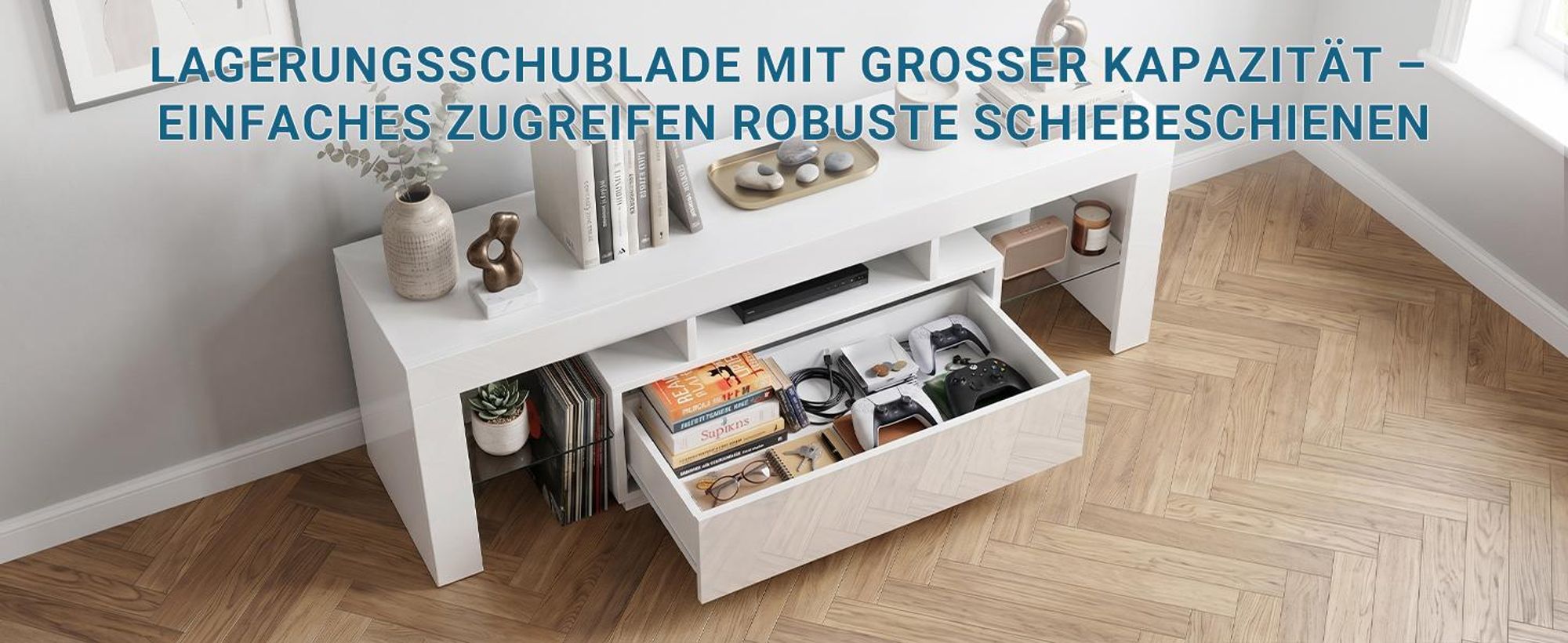 FCH TV-Schrank mit LED Beleuchtung und 1 Schublade TV Lowboard 130 x 35 x 45cm Weiß