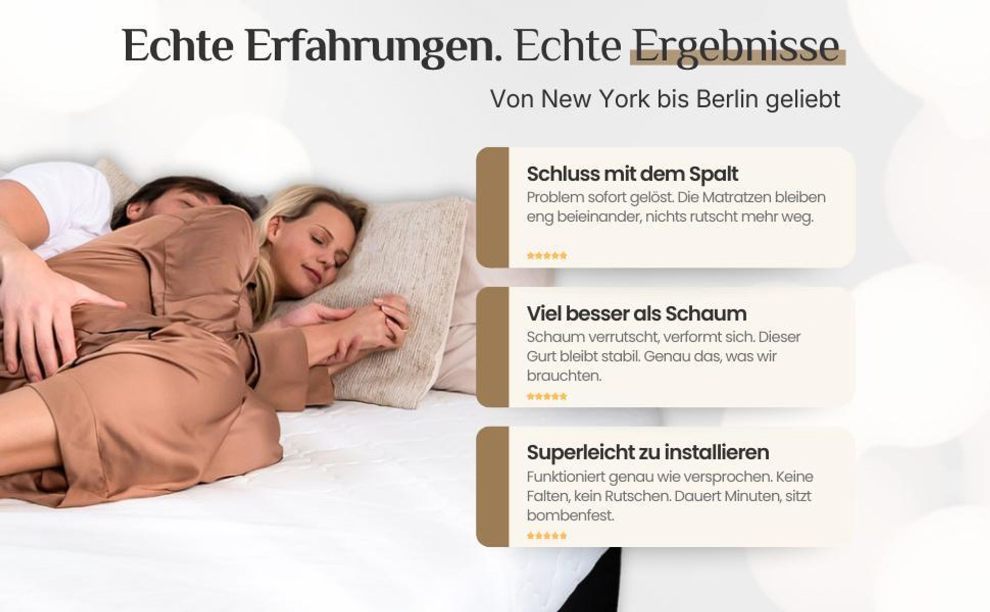 Paar schläft ruhig im Doppelbett ohne Spalt dank Liebesbrücke und Matratzenverbinder