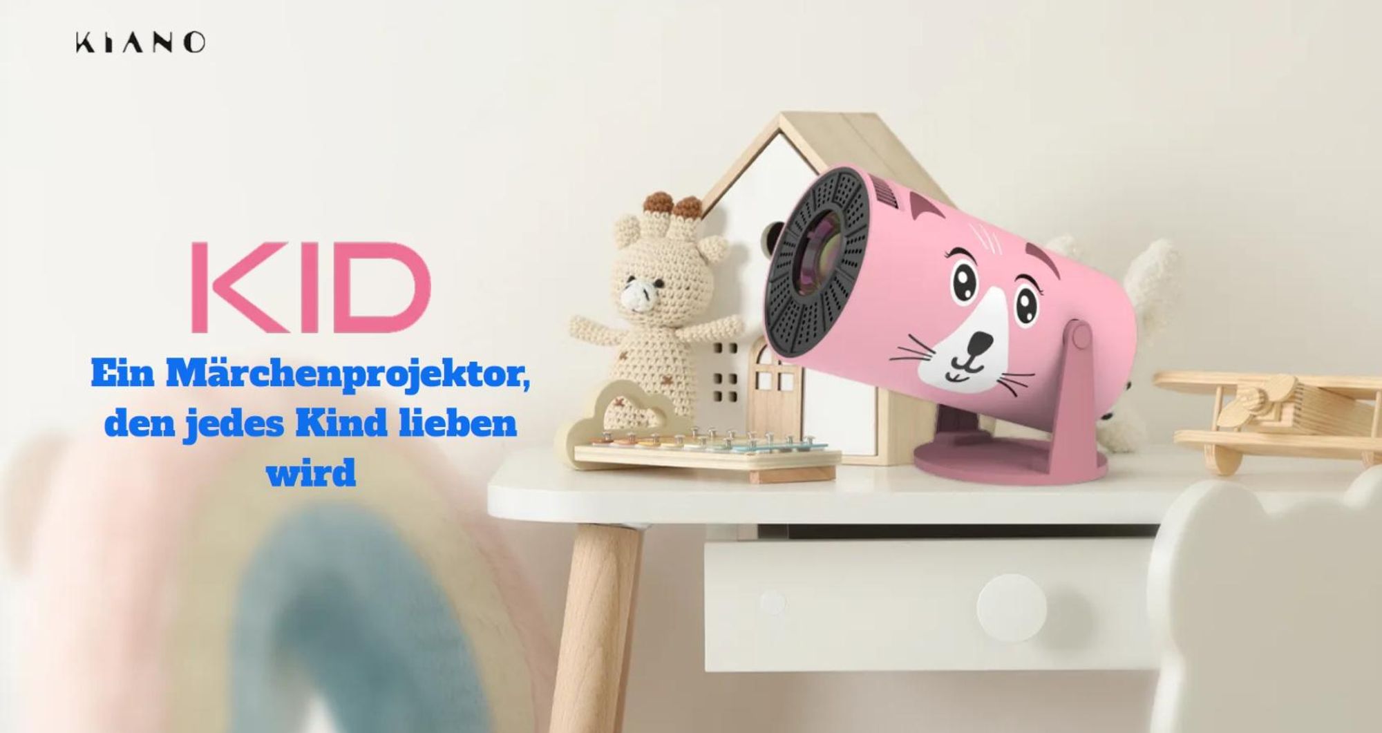 Beamer Kiano Kid Rosa Katze Projektor HD 1280x720, 32–130 Zoll, 230° drehbar, WLAN, AirPlay Miracast, ideal fürs Kinderzimmer mit Android 11