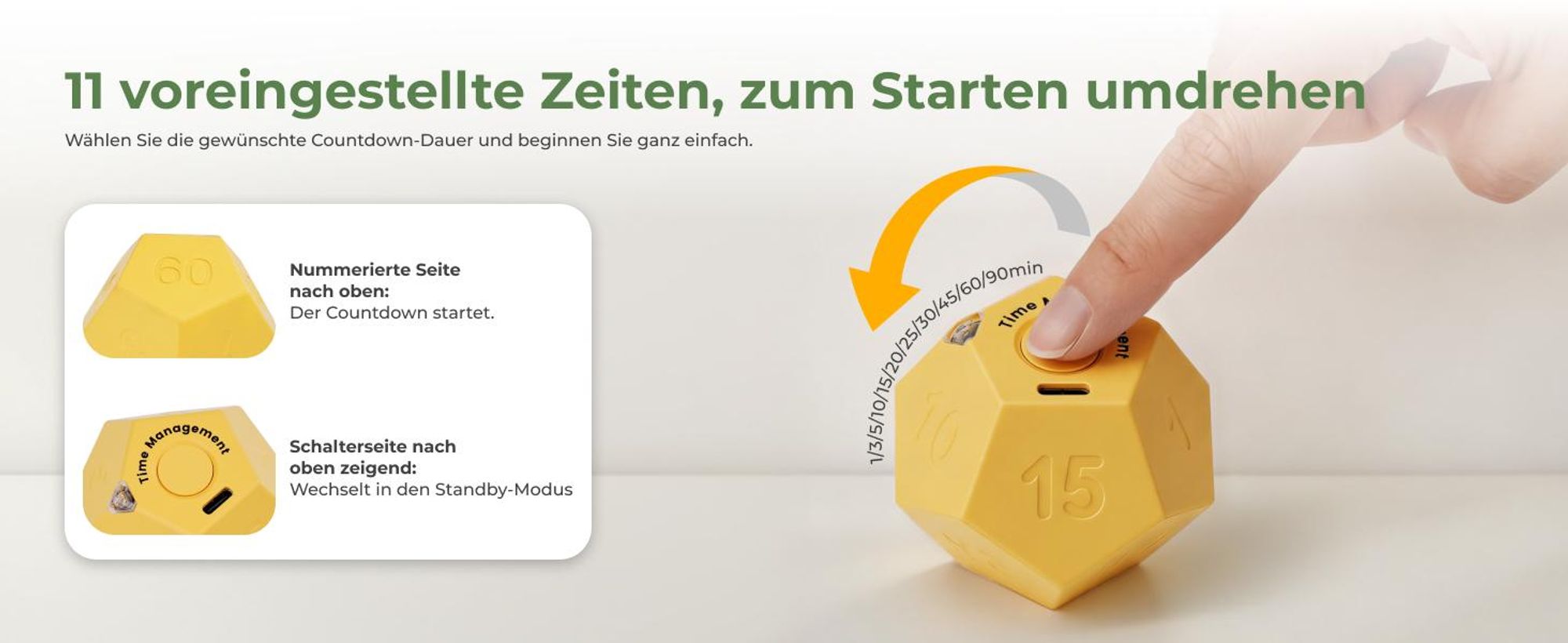 HOKO Pomodoro Flip-Timer mit automatischem Start, 11 Zeitvorgaben, 3 Signalmodi, USB-C-Akku für Lernen, Kochen, Sport und Pausen, Gelb, TICKO