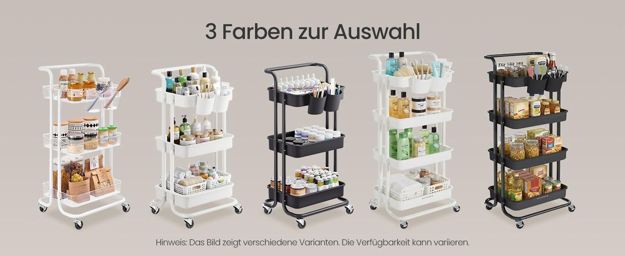 Rollwagen, 3 Ebenen, Servierwagen, 2 Bremsen, Ablagefächer aus Kunststoff, weiß