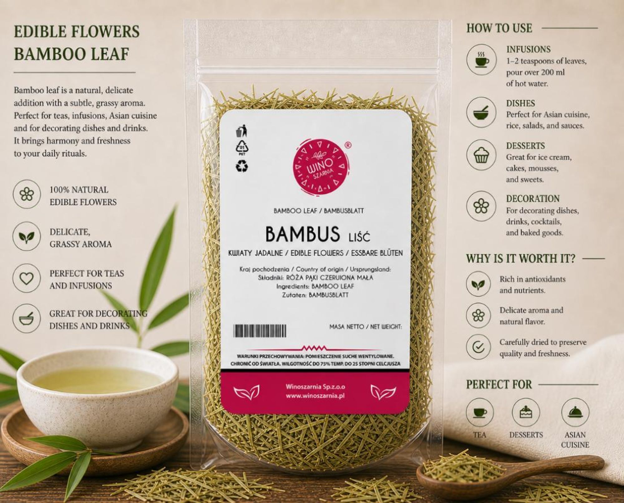 Foglie di bambù essiccate, 250 g, foglie commestibili, fiori commestibili