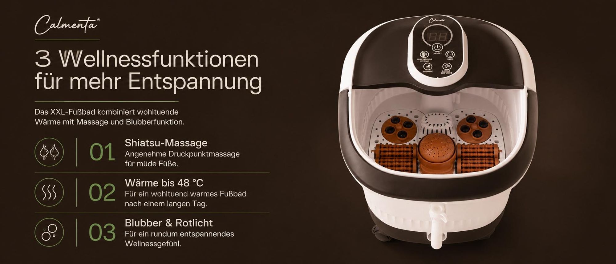 Drei Wellnessfunktionen: Shiatsu-Massage, Wärme bis 48 °C, Blubber und Rotlicht