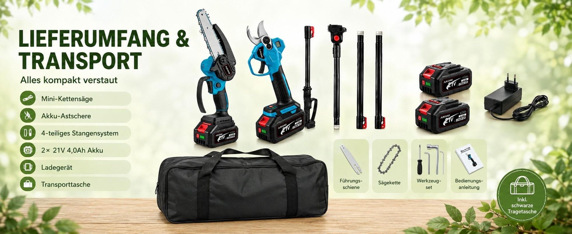 4-in-1 Akku-Hochentaster 21V Brushless, 6" Mini-Kettensäge & 40 mm Astschere, 2×4,0Ah Akkus, Teleskopstiel bis 205 cm