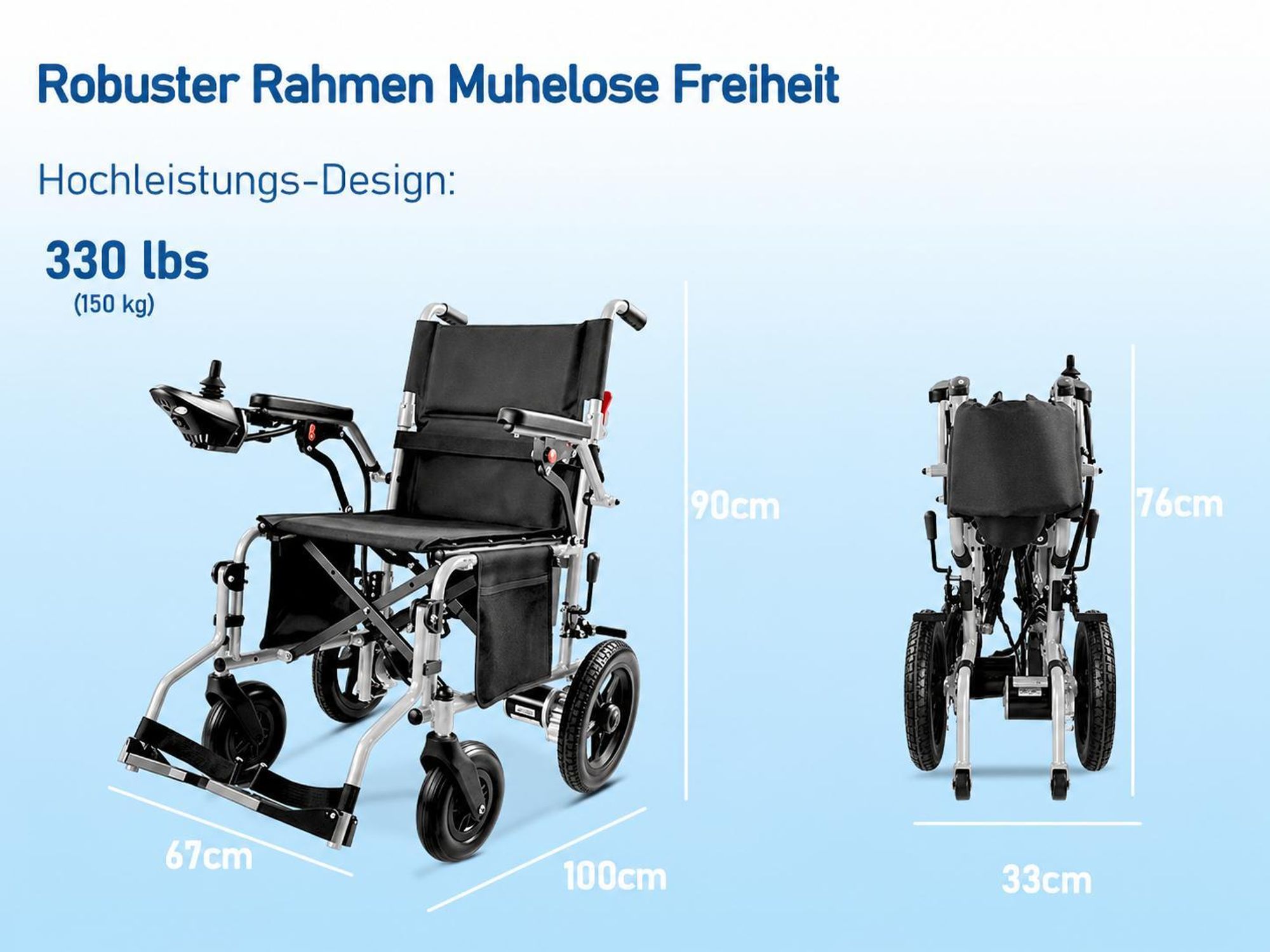Elektrorollstuhl faltbar, breiter Faltrollstuhl mit 50 cm Sitzbreite, Joystick, Armlehnen, Fußstützen, bis 150 kg, Pflegebedarf, Senioren