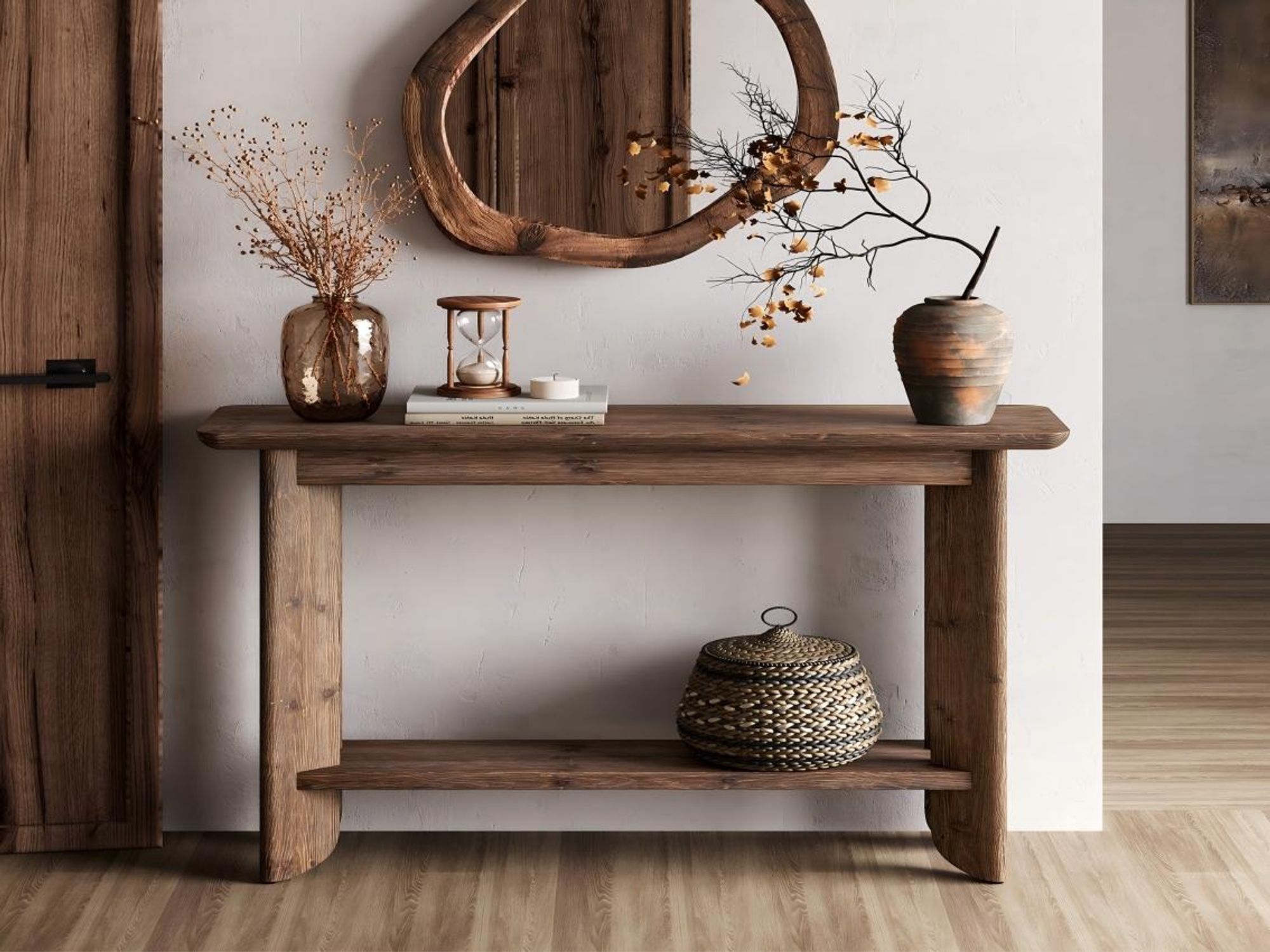 Konsolentisch, 105 cm, 2-stöckiger Eingangstisch, Sofatisch Stauraum, Beistelltisch, Flurtisch, Bauernhaus-Holz Flur, Eingangsbereich,Dunkle Walnuss