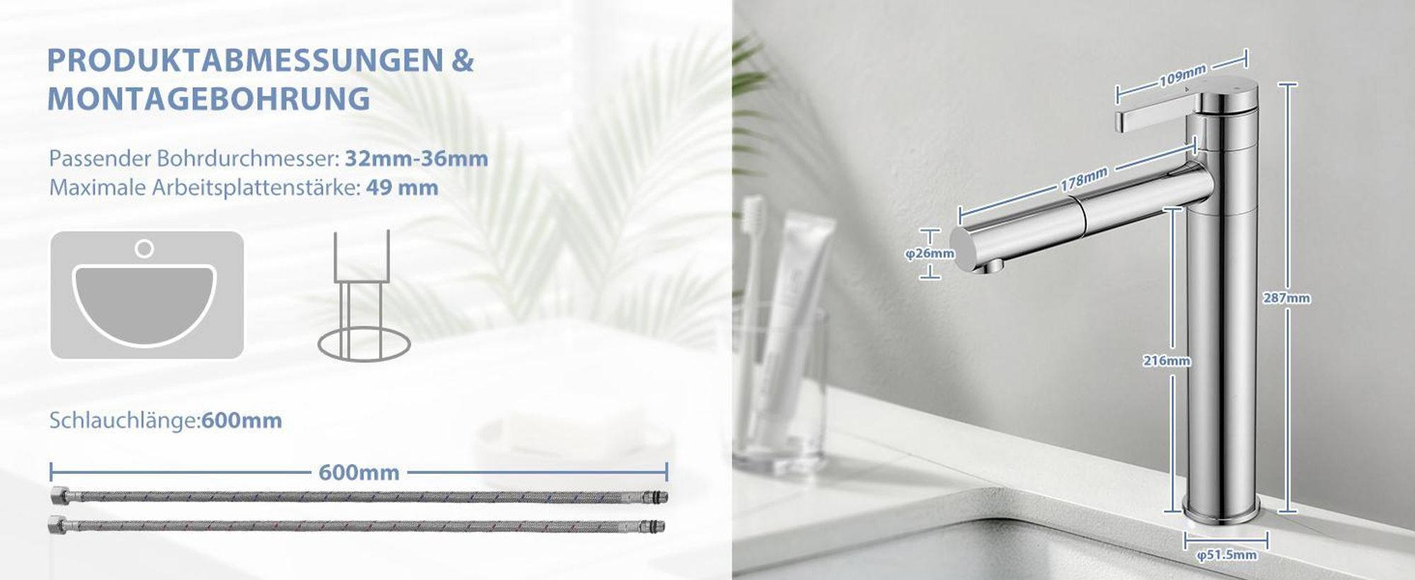 Homelody 2*Wasserhahn Bad hoch 360° drehbar Waschtischarmatur Mischbatterie Badarmatur für Bad, Waschbecken Armatur Chrom