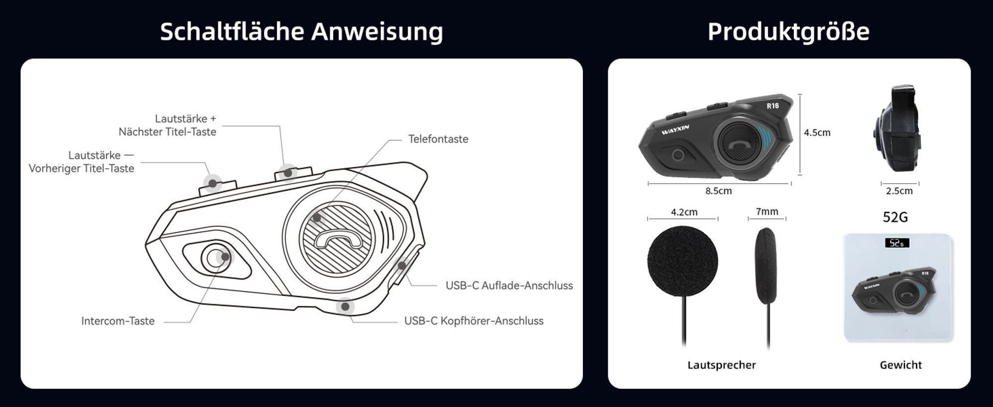 WAYXIN R16 Bluetooth headset voor motorfiets, motorhelm, intercom met dubbele chip, multi-audio, IP67 waterdicht, muziek delen en FM-radio, voor 6 personen, compatibel met andere merken WAYXIN R16 Bluetooth headset voor motorfiets, motorhelm, intercom met dubbele chip, multi-audio, IP67 waterdicht, muziek delen en FM-radio, voor 6 personen, compatibel met andere merken