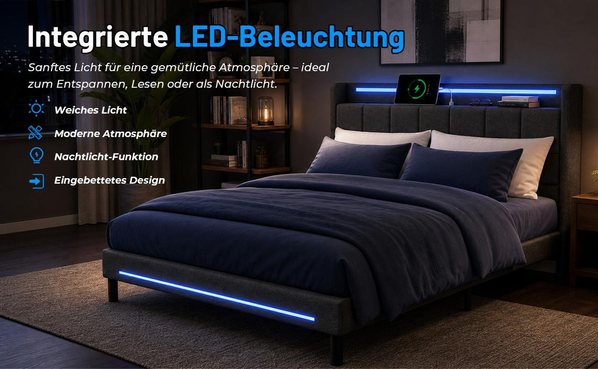 Polsterbett mit LED-Beleuchtung und USB-Ladefunktion, für Matratze 140x200cm, Doppelbett mit gepolstertem Kopfteil