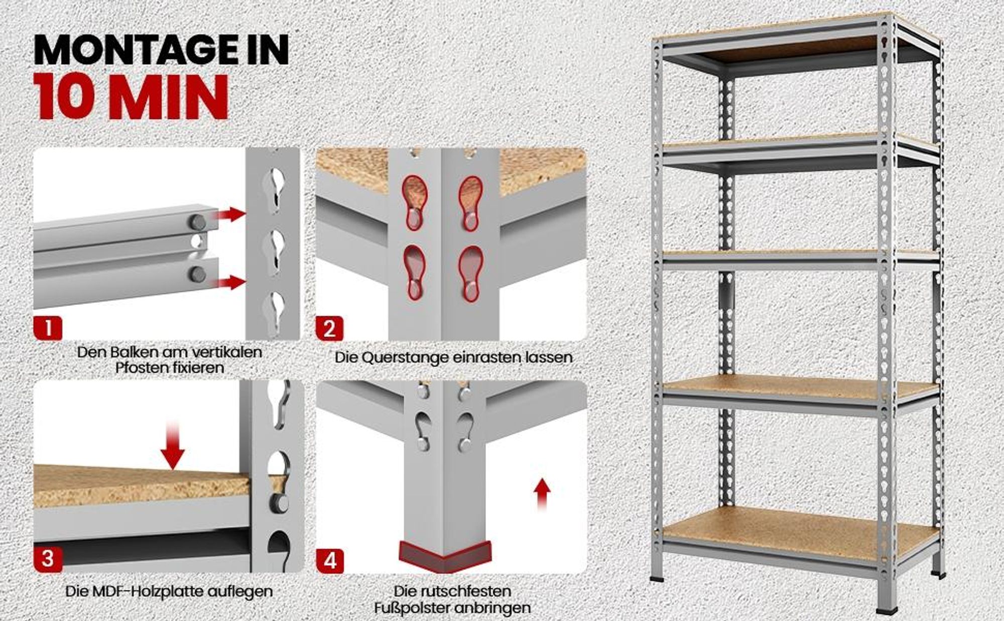 Yaheetech Schwerlastregal 150x70x30cm, max. 560 kg, 5 höhenverstellbare MDF-Böden, Lagerregal, Hellgrau
