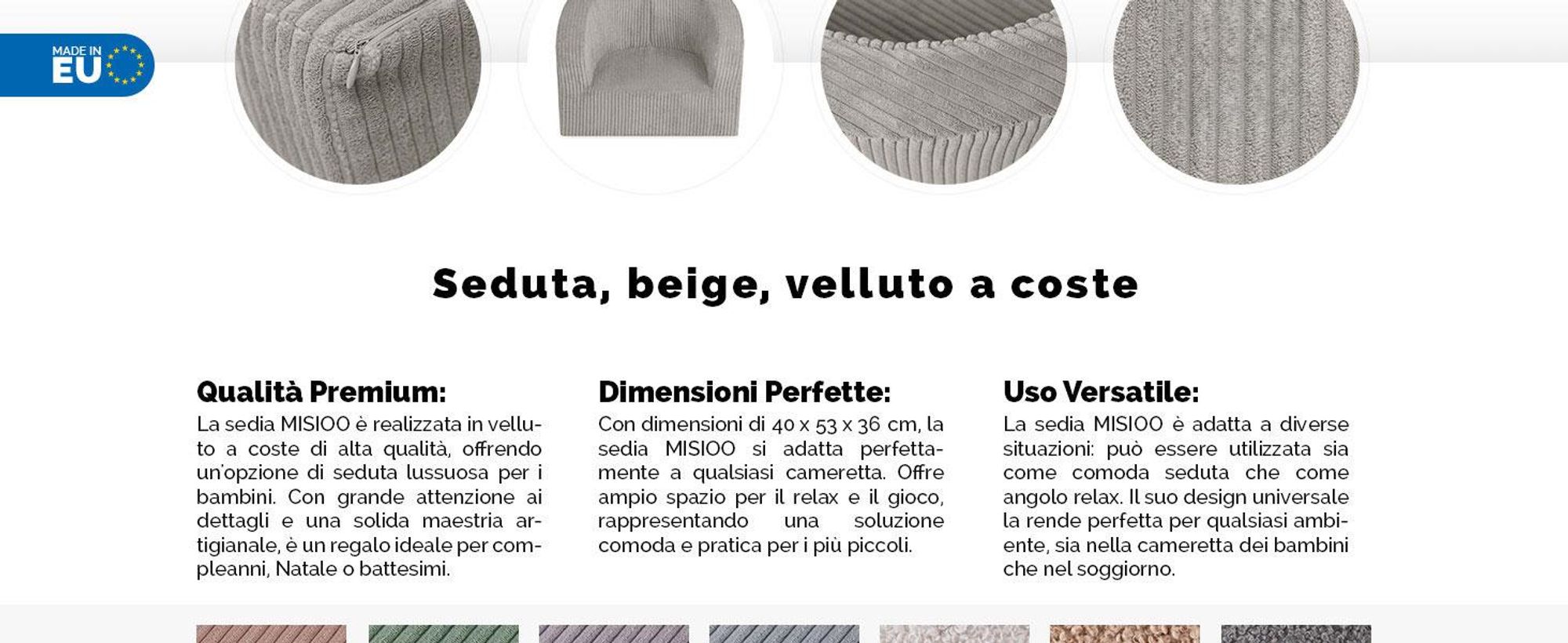 MISIOO Poltrona per bambini da 1 anno - Poltrona Premium in velluto a coste per bambini - Stabile e morbida - Imbottita ergonomicamente - 40x53x36 cm
