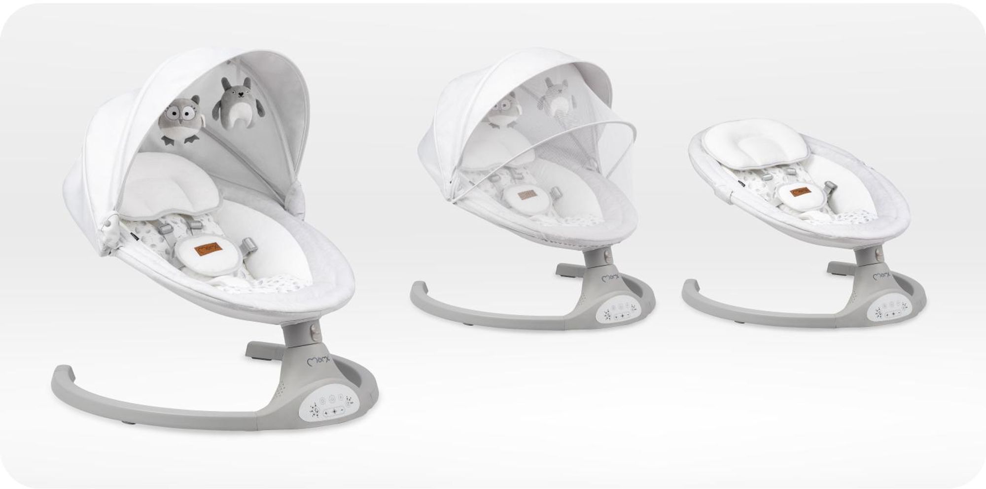 MoMi KENANI – Elektrische Babywippe mit Bluetooth, Fernbedienung & Musik, 5 Stufen – inkl. Moskitonetz – Hellgrau