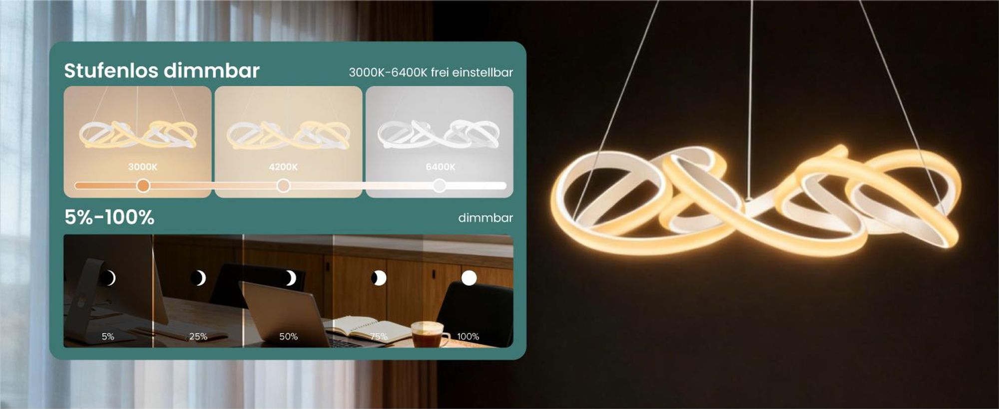 Mai & Mai Pendelleuchte Esstisch, 52cm LED Moderne Hängelampe Weiß, stufenlos dimmbar 3000K–6400K, höhenverstellbare mit Fernbedienung, Alivetta25040
