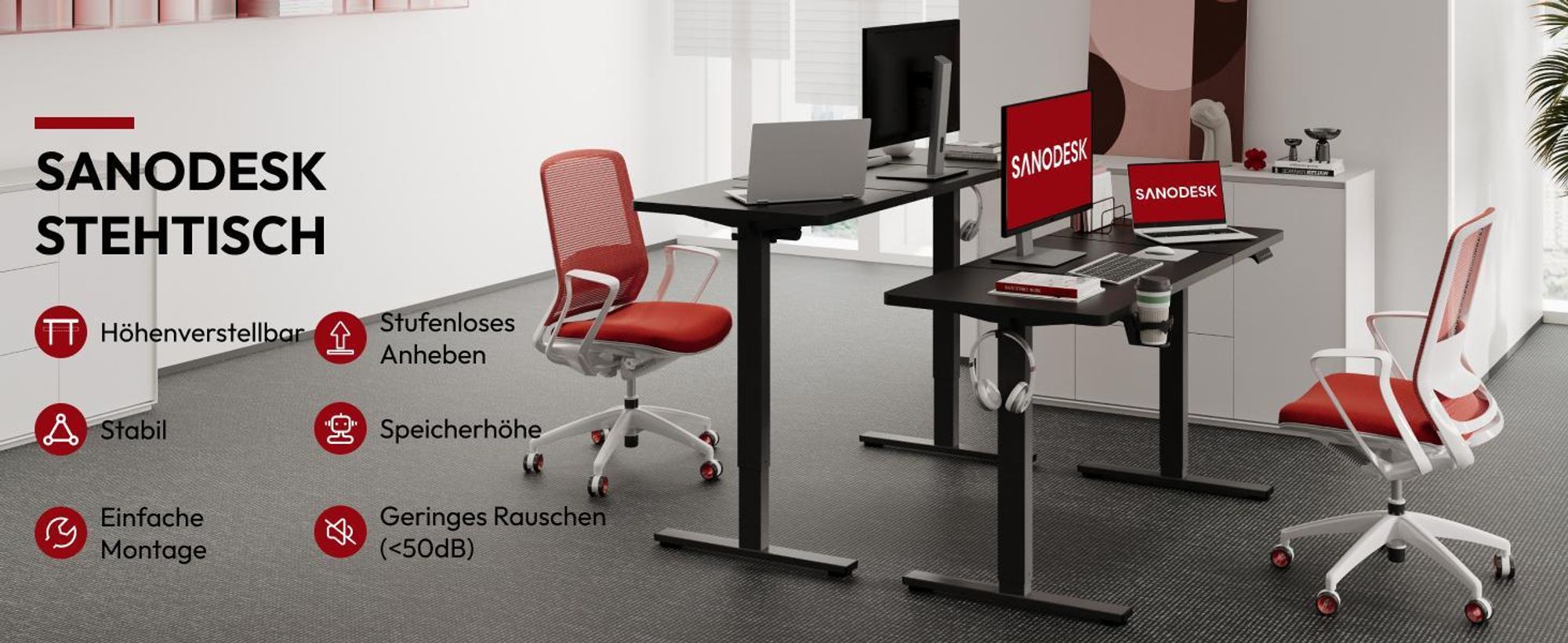 SANODESK Höhenverstellbarer Schreibtisch Upgrade 140×60cm 4 Memory-Funktion Becherhalter Haken Kabelmanagement 70kg Tragkraft Kollisionsschutz Schwarz