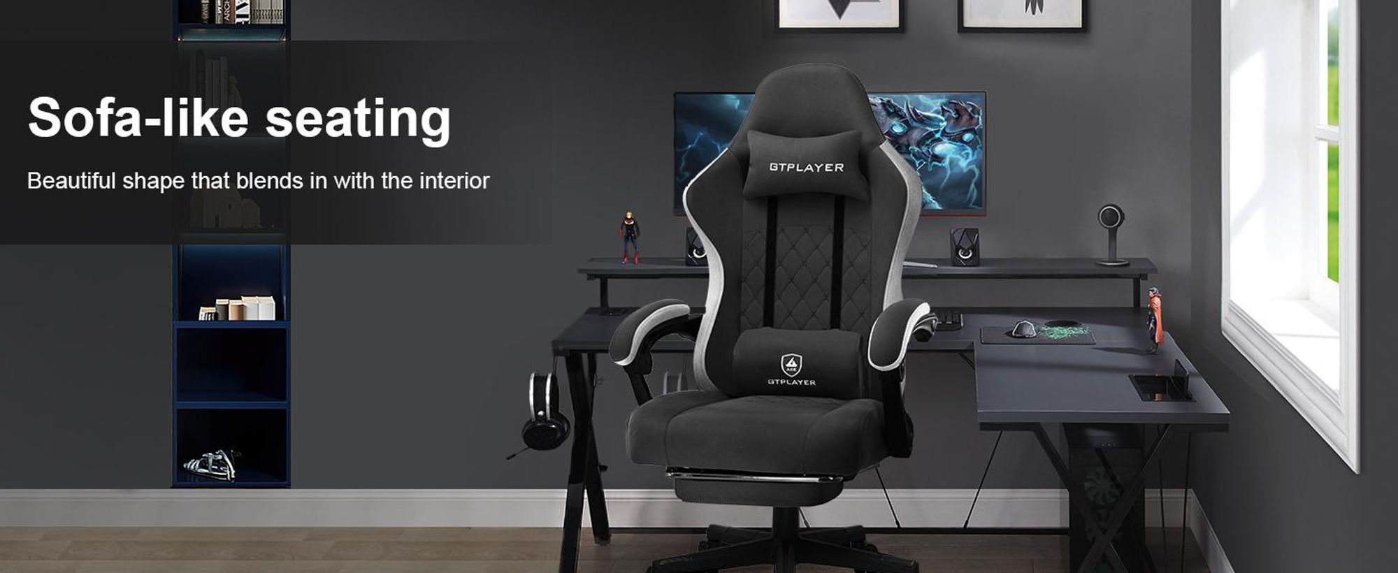 GTPLAYER Gaming stoel, ergonomische gaming fauteuil, bureaustoel, PC-gaming stoel, race stoel met stoffen bekleding, vering in de zitting met voetsteun, zwart