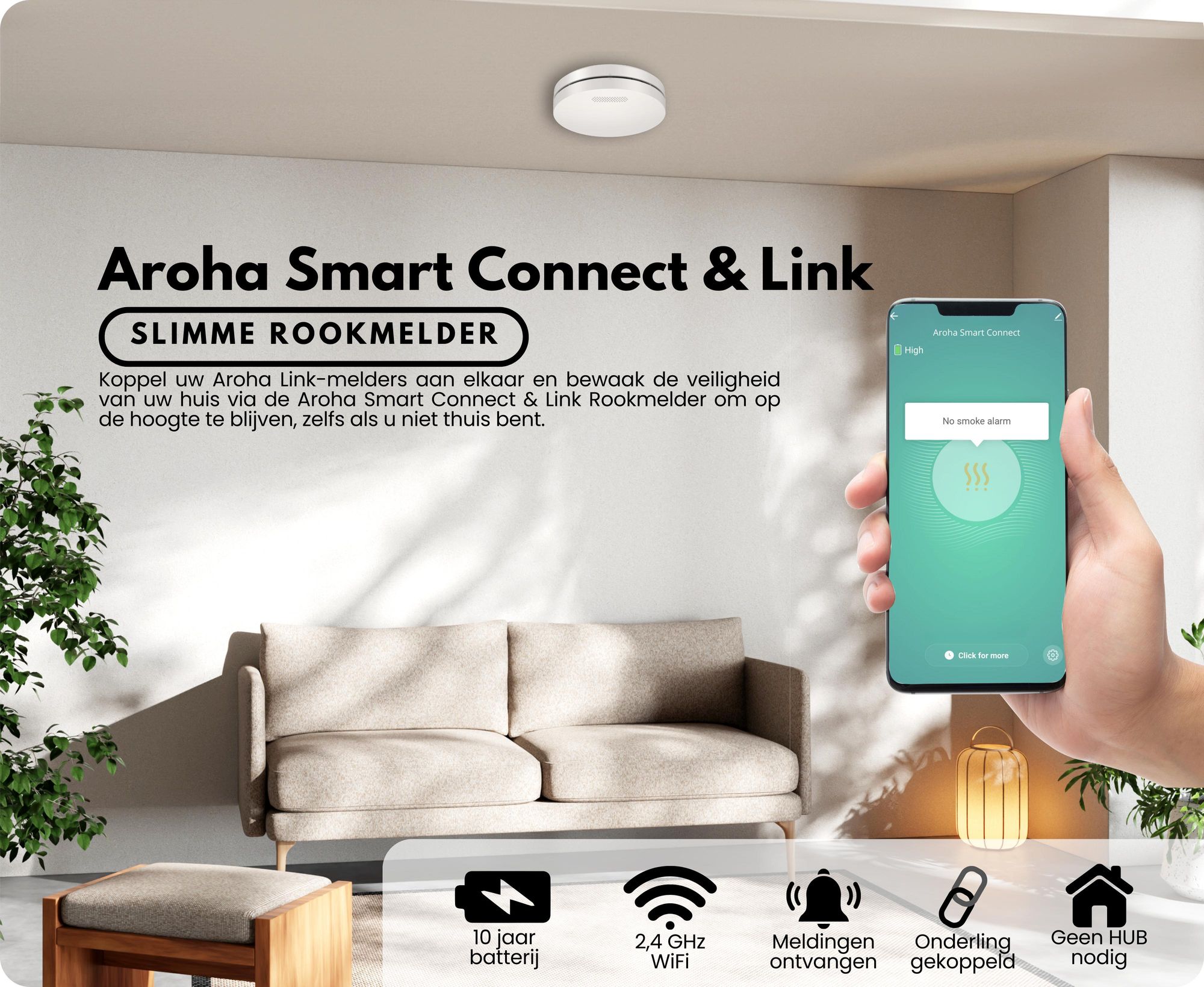 Aroha Smart Connect & Link rookmelder, verbonden met Wi-Fi - 10 jaar batterijduur - Rookmelder met app (Tuya & Smartlife) - Set van 3