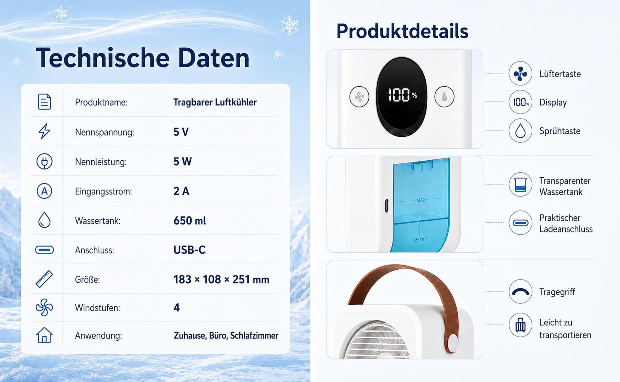 Mobiler 3-in-1 Luftkühler mit integriertem Akku, kabelloser Tischventilator mit Sprühnebel, 4 Windstufen für schnelle Erfrischung