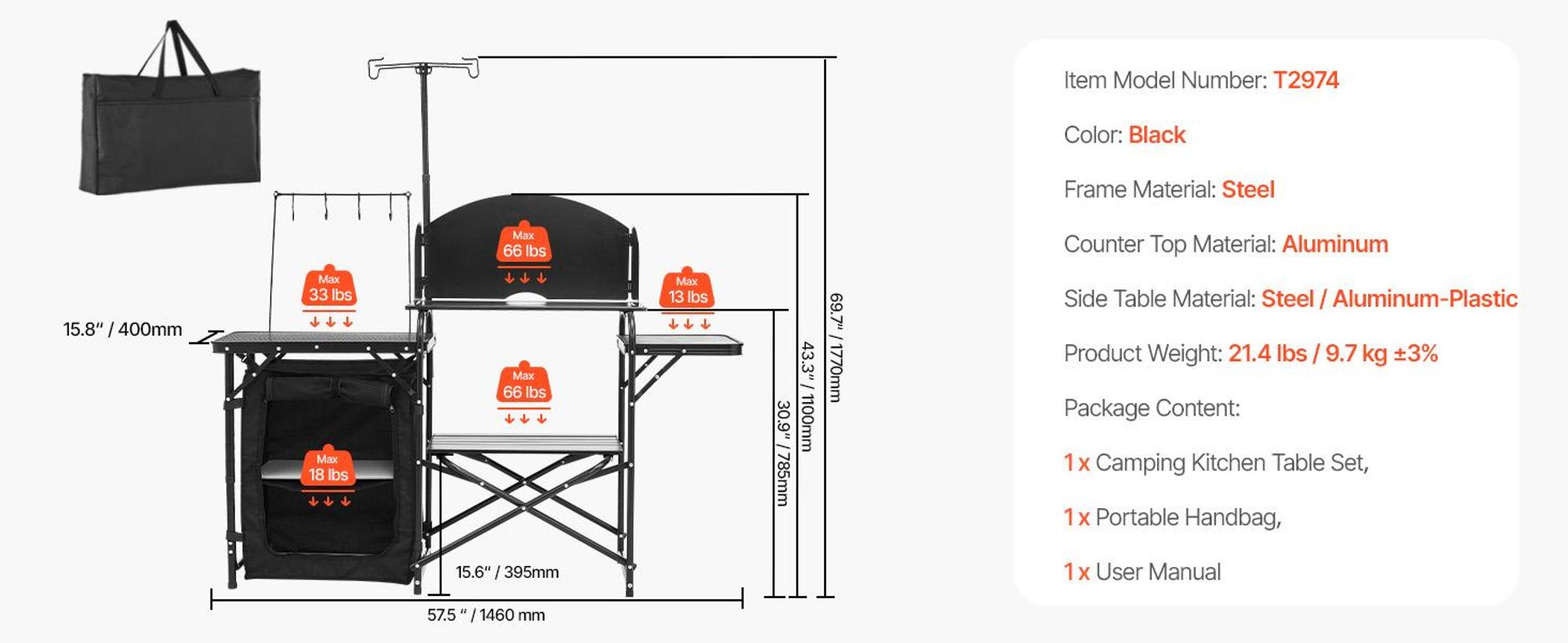 VEVOR Camping Küchentisch Outdoor Kochtisch, tragbare Kochstation aus Aluminium mit Lagerschrank & Tragetasche, & abnehmbarer Windschutzscheibe, für Grillpartys Picknicks Wohnmobilreisen, schwarz