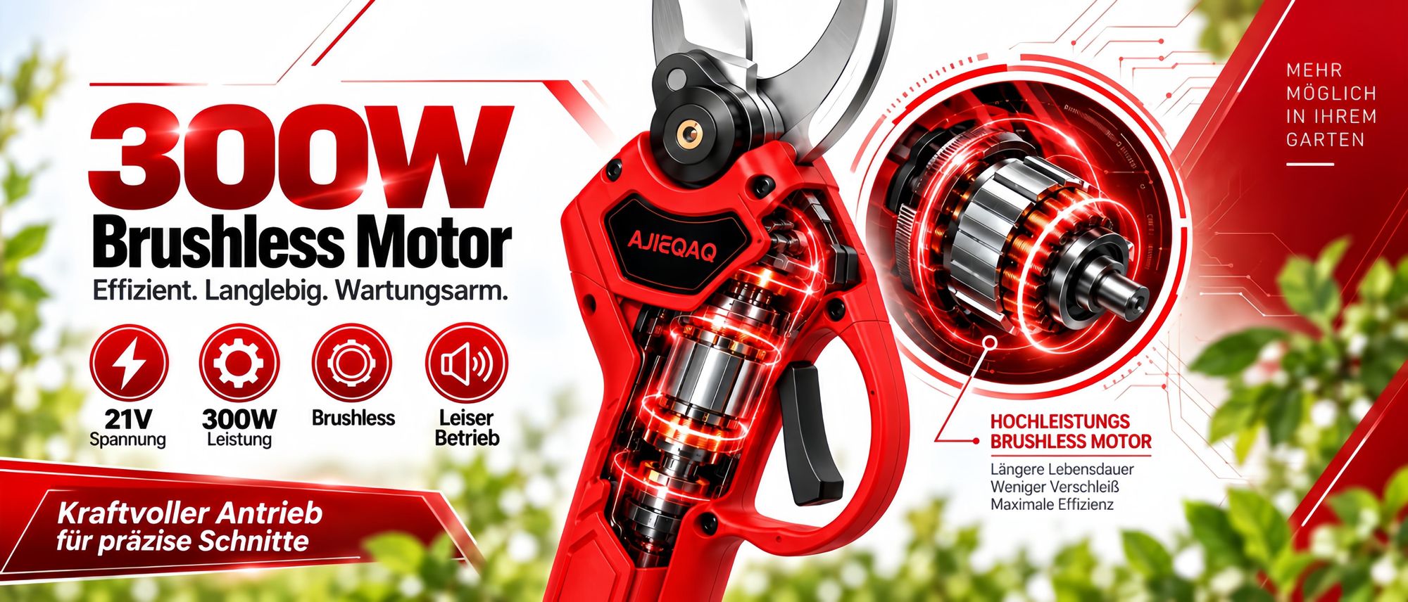 AJIEQAQ Elektrische Gartenschere 21V, Akku-Astschere Brushless, 2×2000mAh Akkus, 25mm Schnittkapazität, SK5 Klinge, Koffer
